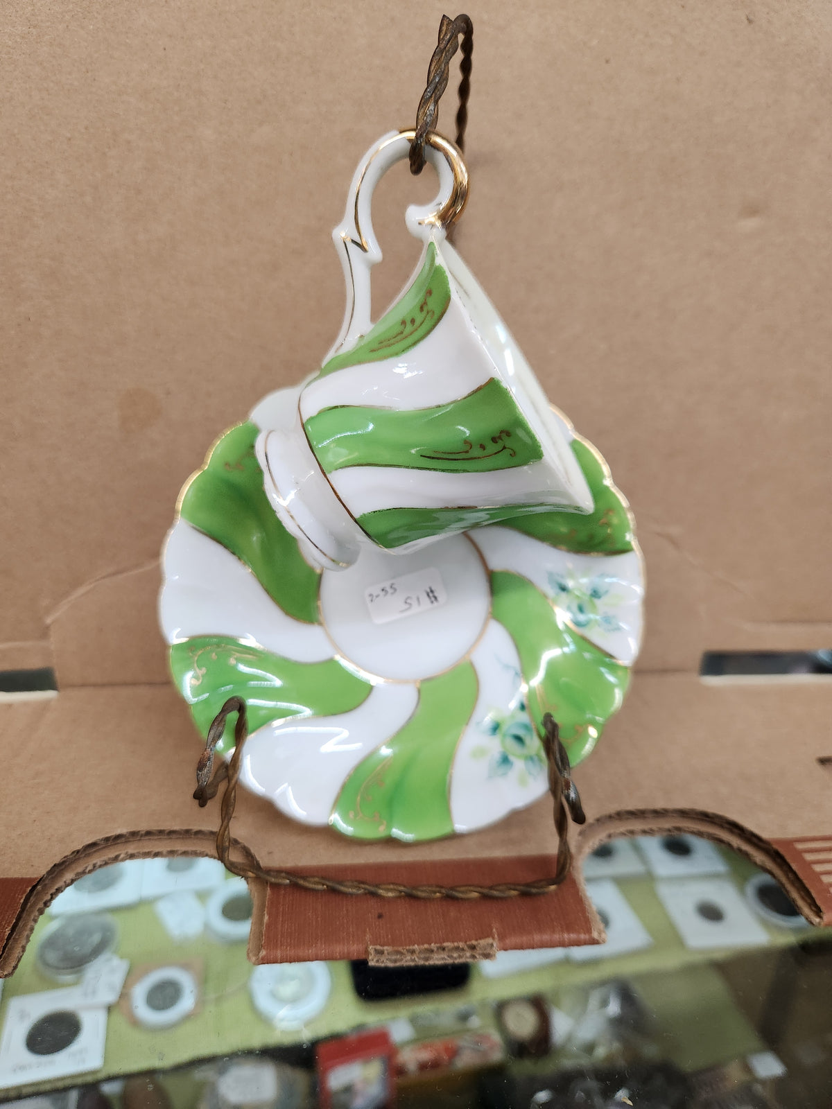 Vintage Ucagco Occupied Japan Demitasse Cup and Saucer Set Green Swirl and Floral Pattern Gold Accents