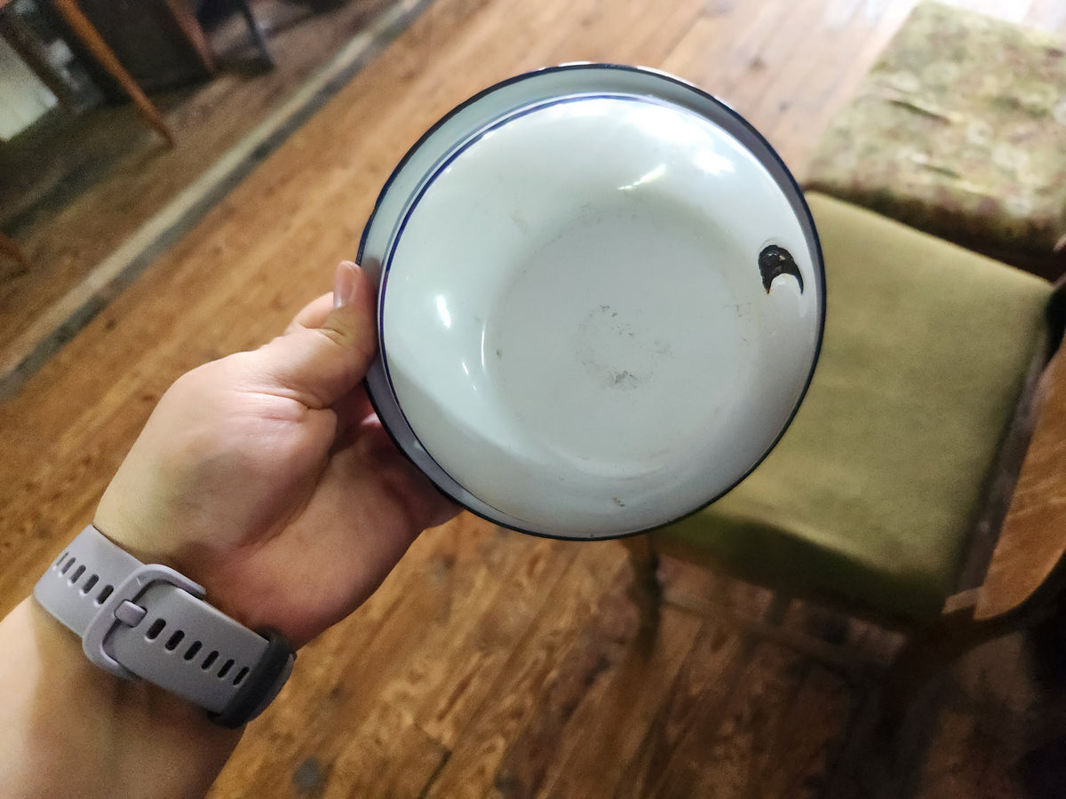 Vintage Blue & White Striped Enamelware Bowl