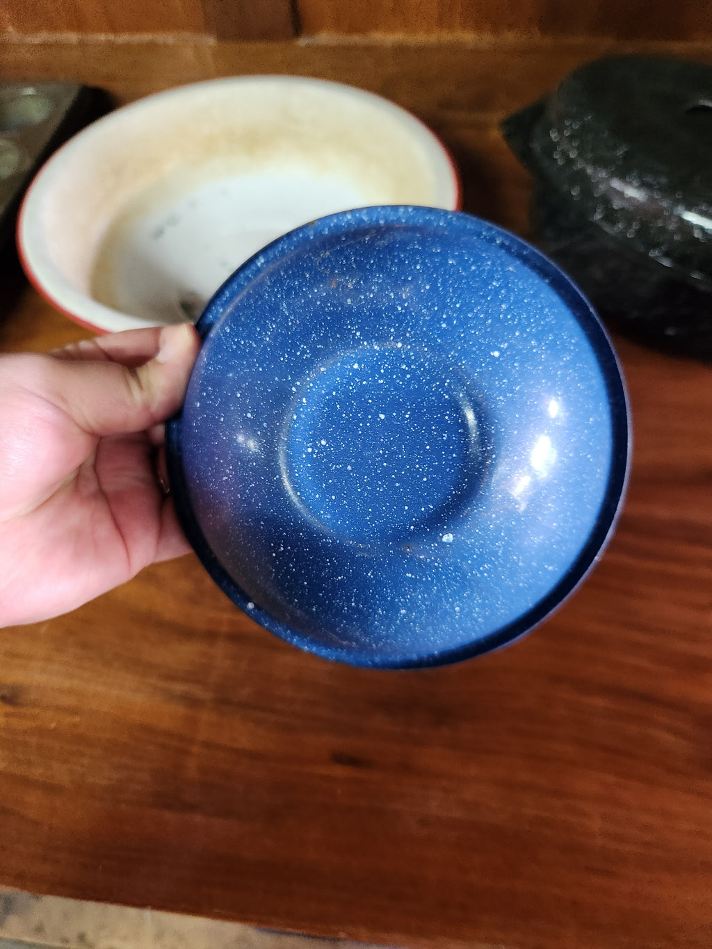 Blue Spatterware Enamel Bowl