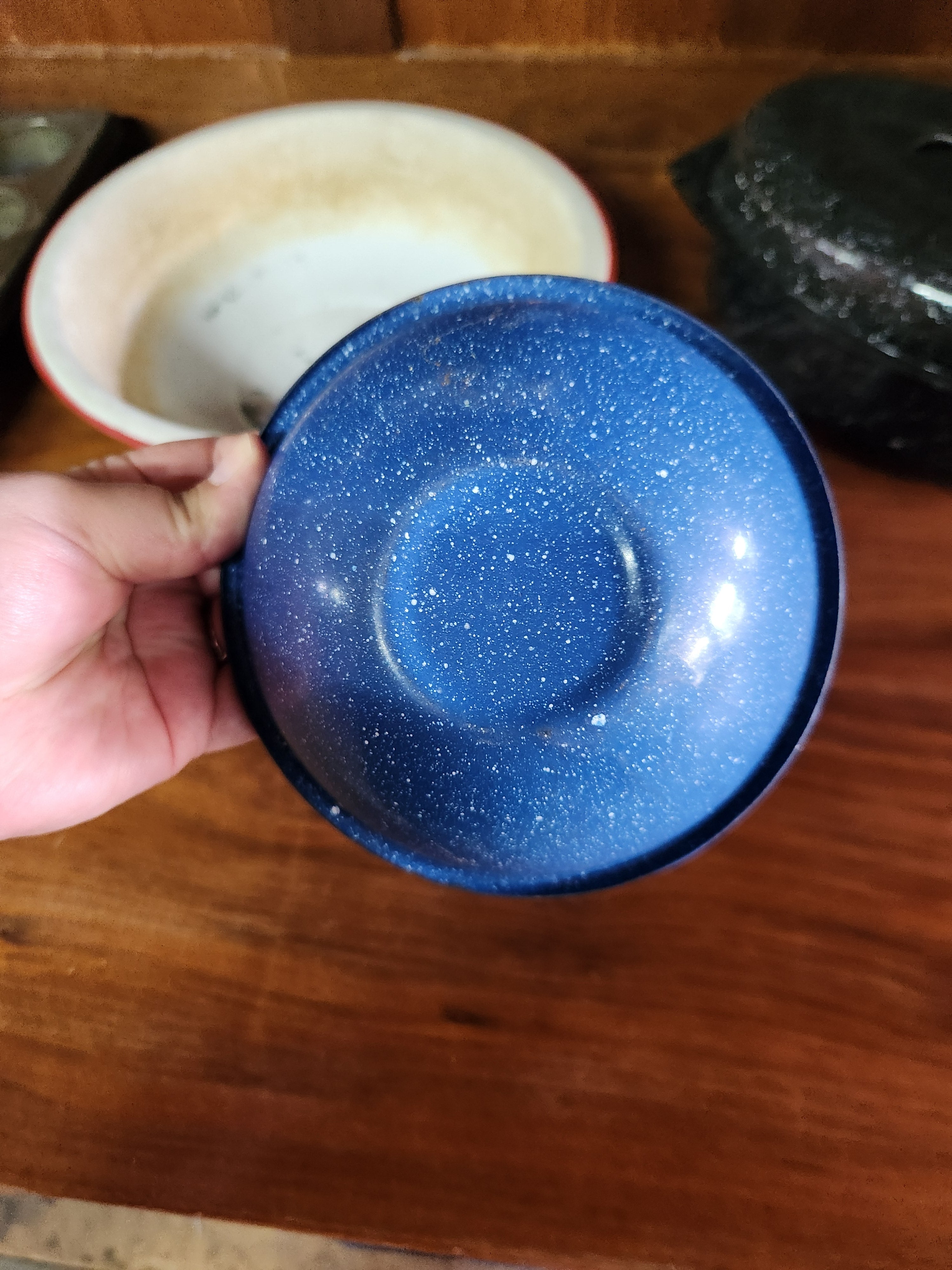 Blue Spatterware Enamel Bowl