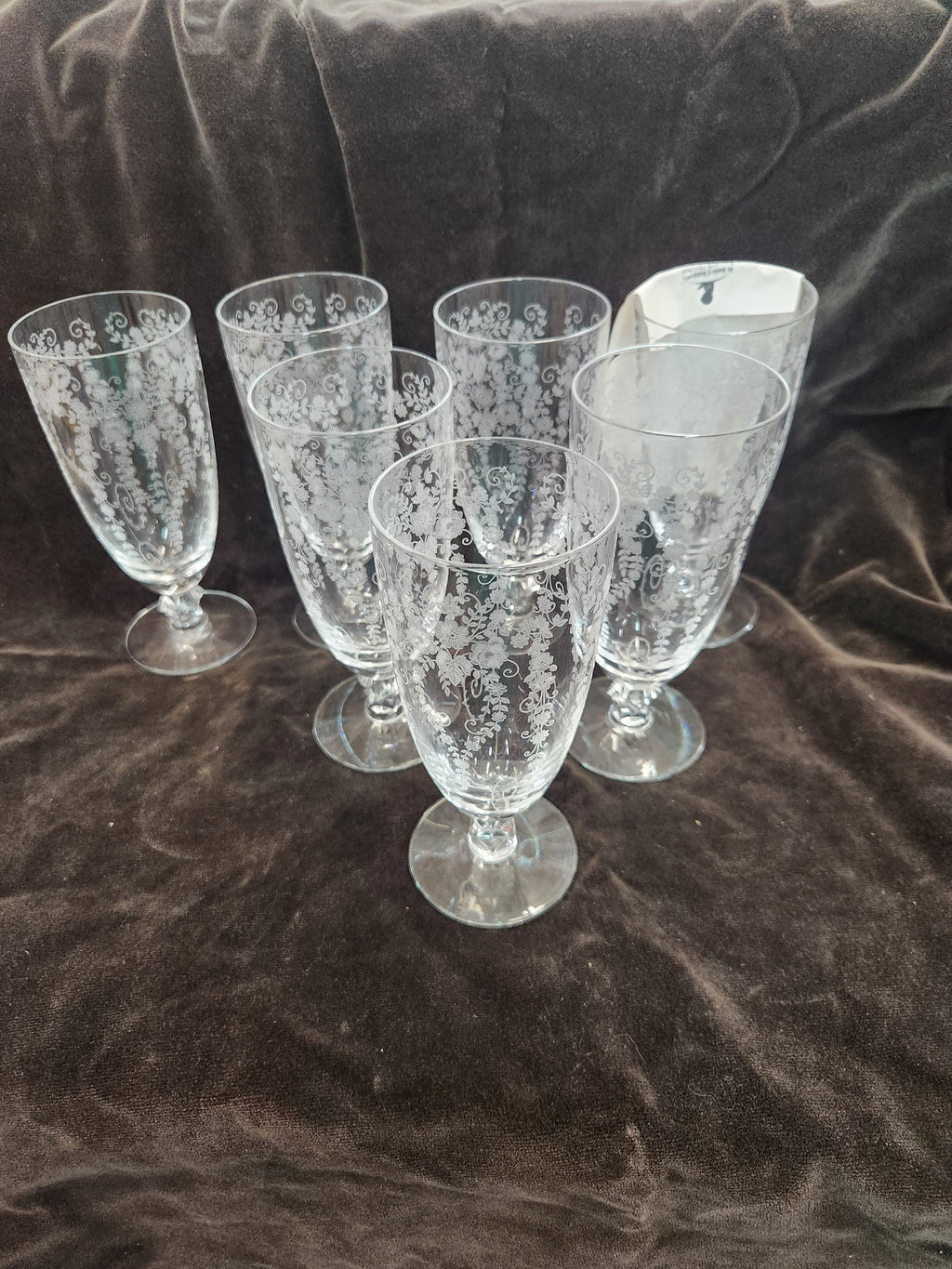 7 Vintage Fostoria Chintz Etched Crystal Stemware Featuring Intricate Floral Pattern