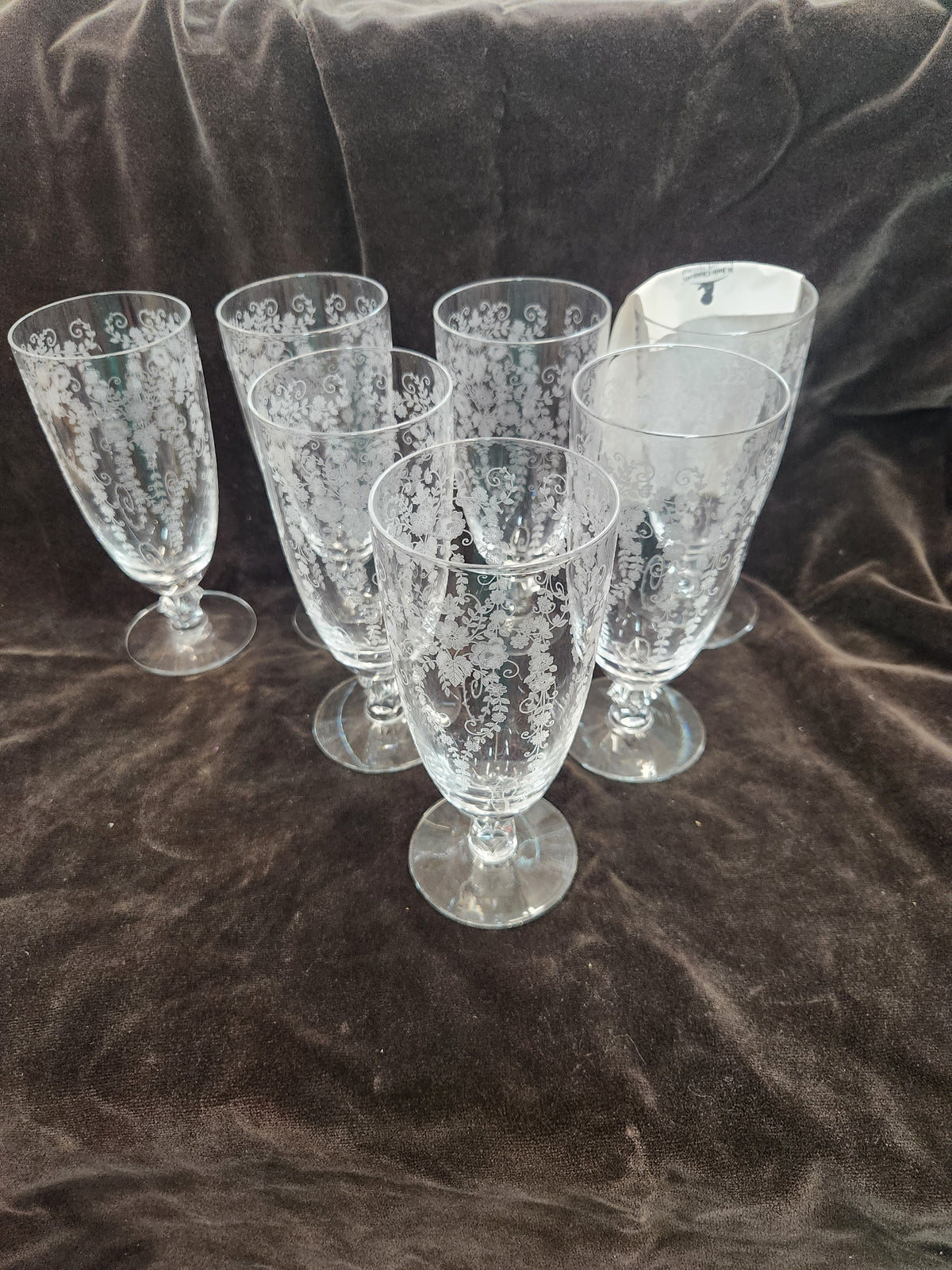 7 Vintage Fostoria Chintz Etched Crystal Stemware Featuring Intricate Floral Pattern
