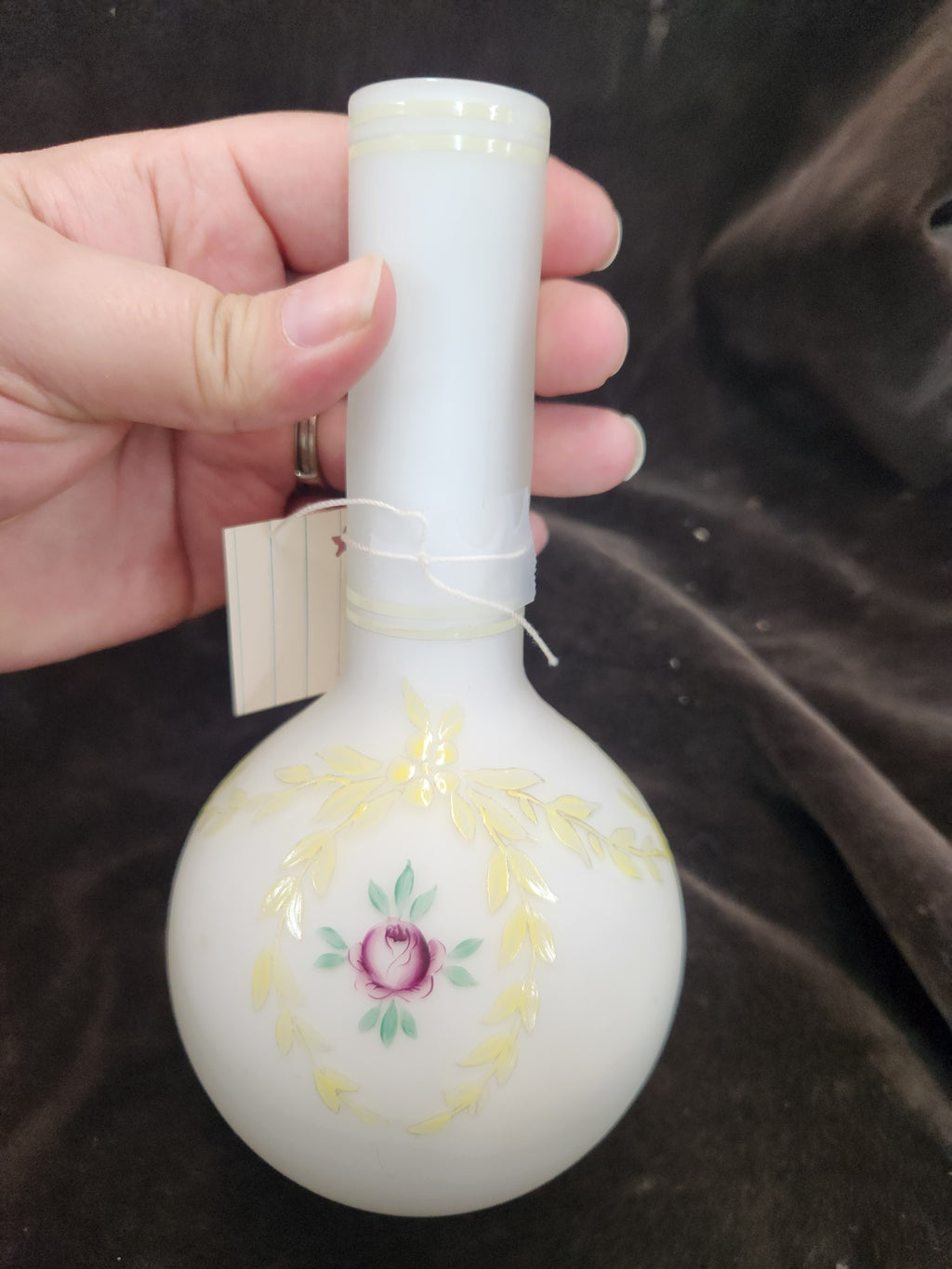 Antique Hand-Painted Milk Glass or Opaline Glass/Bud Vase or Barber Bottle Featuring a Floral Motif
