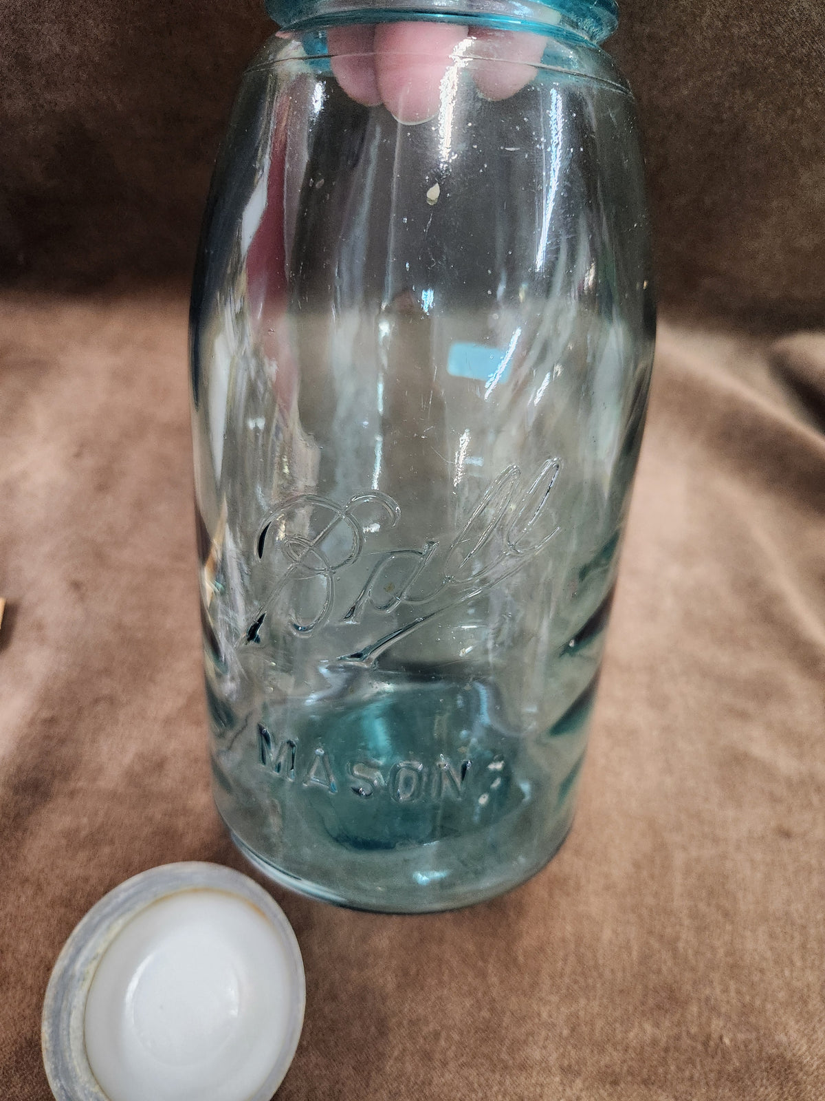 Antique Aqua-Blue Ball Mason Jar with an Embossed Script Logo and a Metal Zinc Lid #5