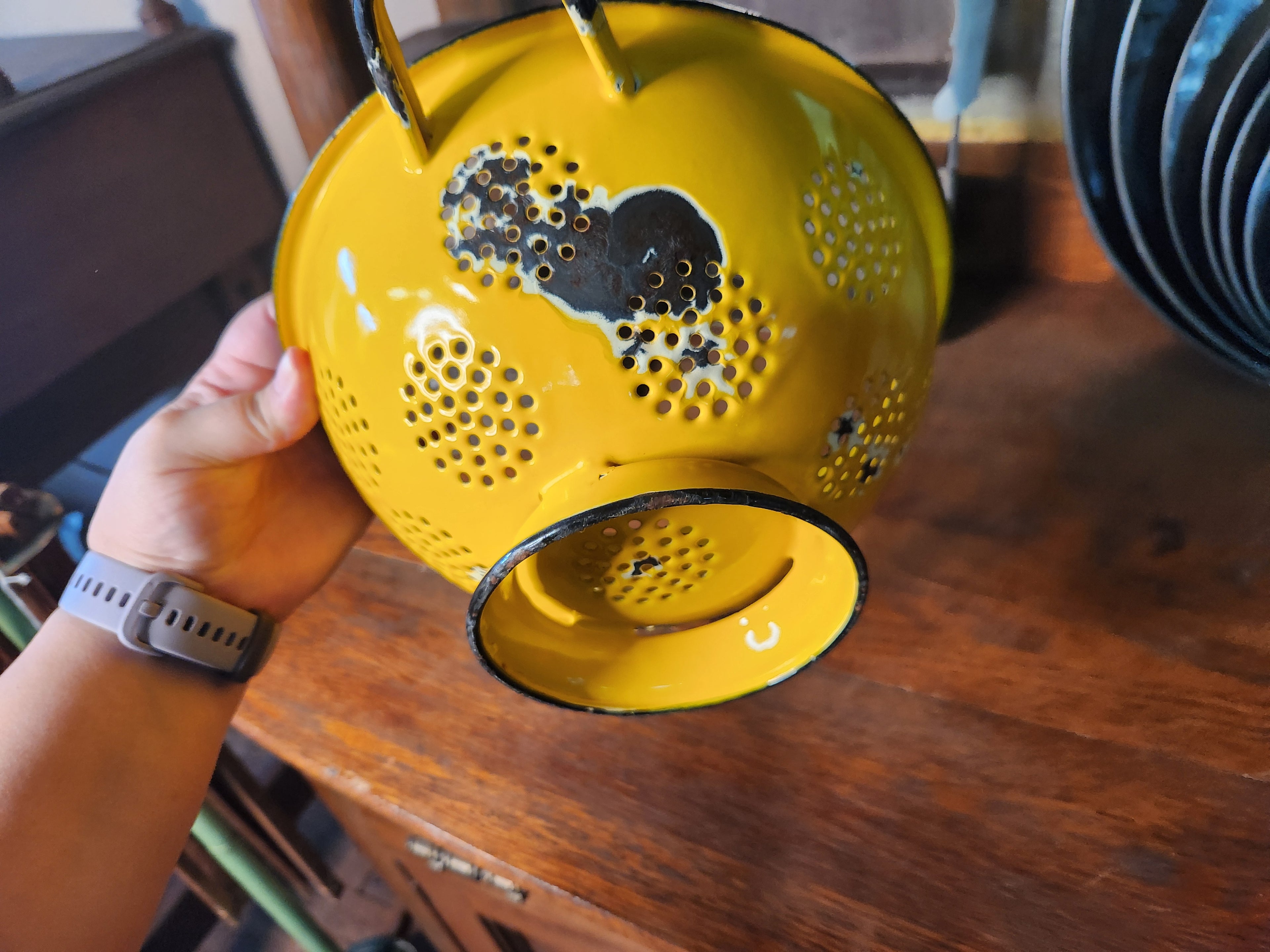 Vintage Yellow Enamelware Pedestal Colander
