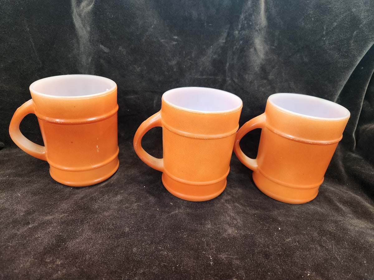 3 Vintage Anchor Hocking Fire King Orange Barrel Mugs Milk Glass