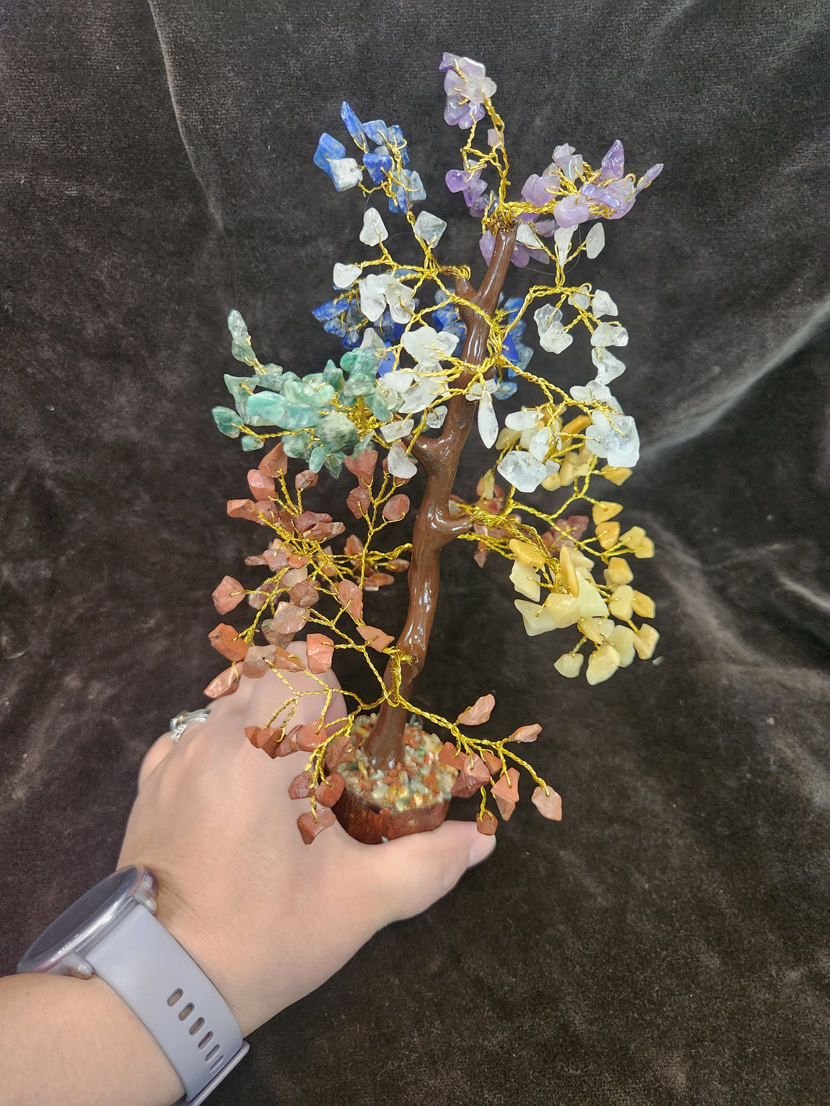 Handcrafted 7 Chakra Crystal Gemstone Tree Featuring Colorful Chip stone Leaves