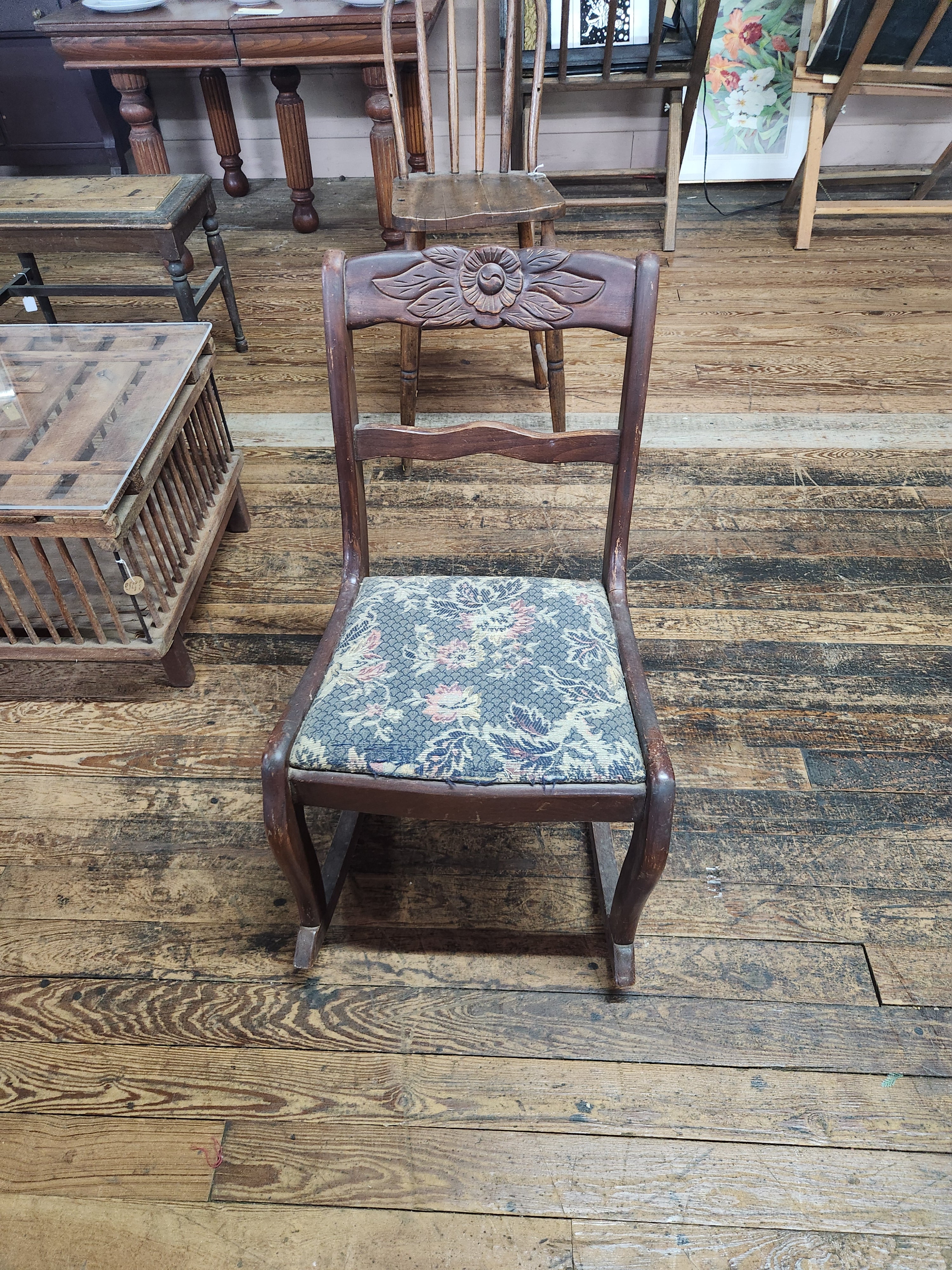 Vintage Federal-Style Mahogany Rocker with Rose Crest & Patterned Upholstered Seat