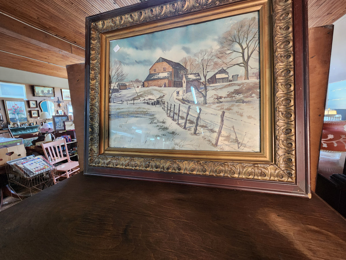 Vintage Watercolor Print Winter Rural Farm Lanscape Ranulph Bye