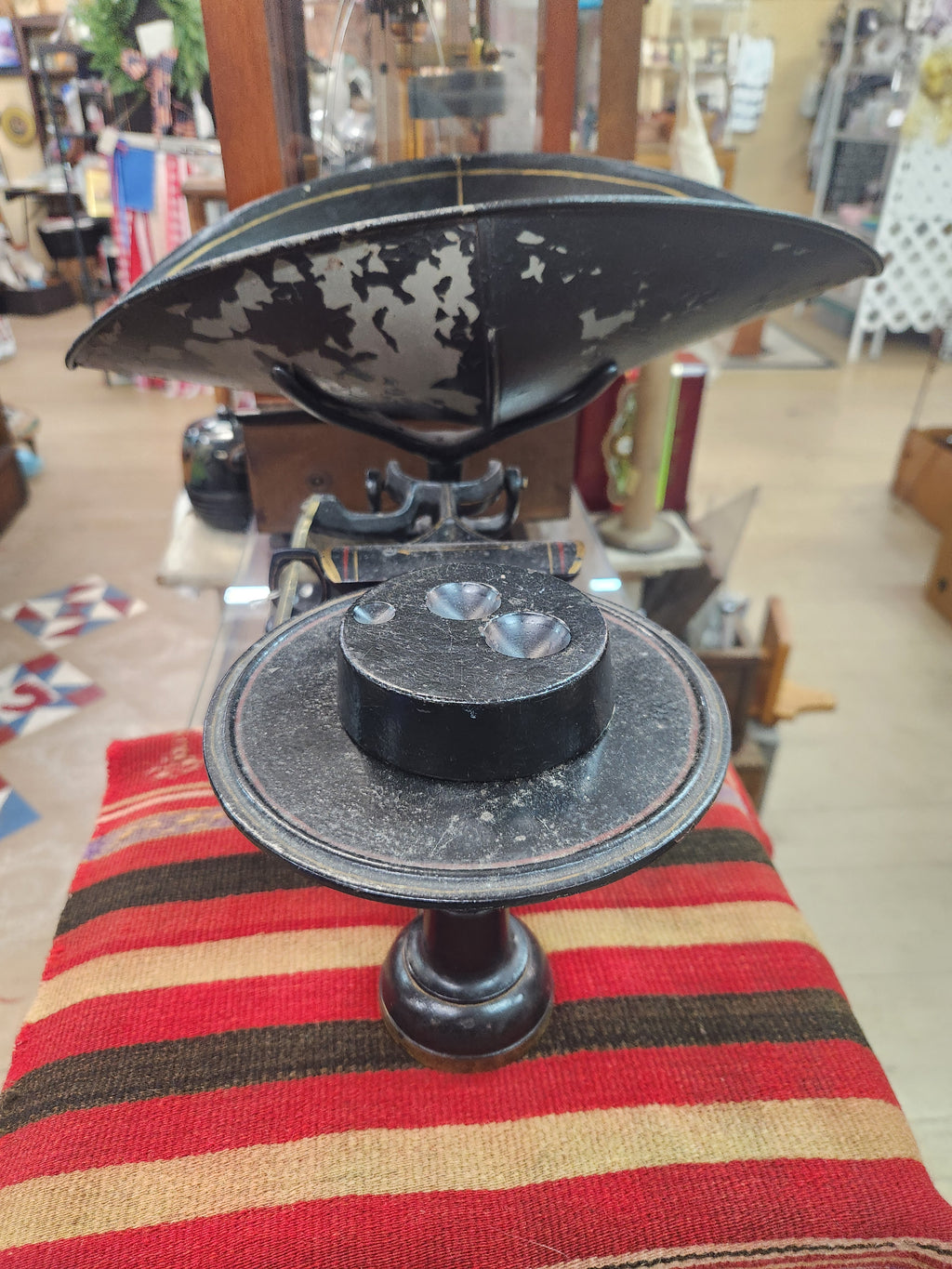 Vintage Cast Iron Black Balance Scale with Large Curved Scoop and Flat Platform Fairbanks