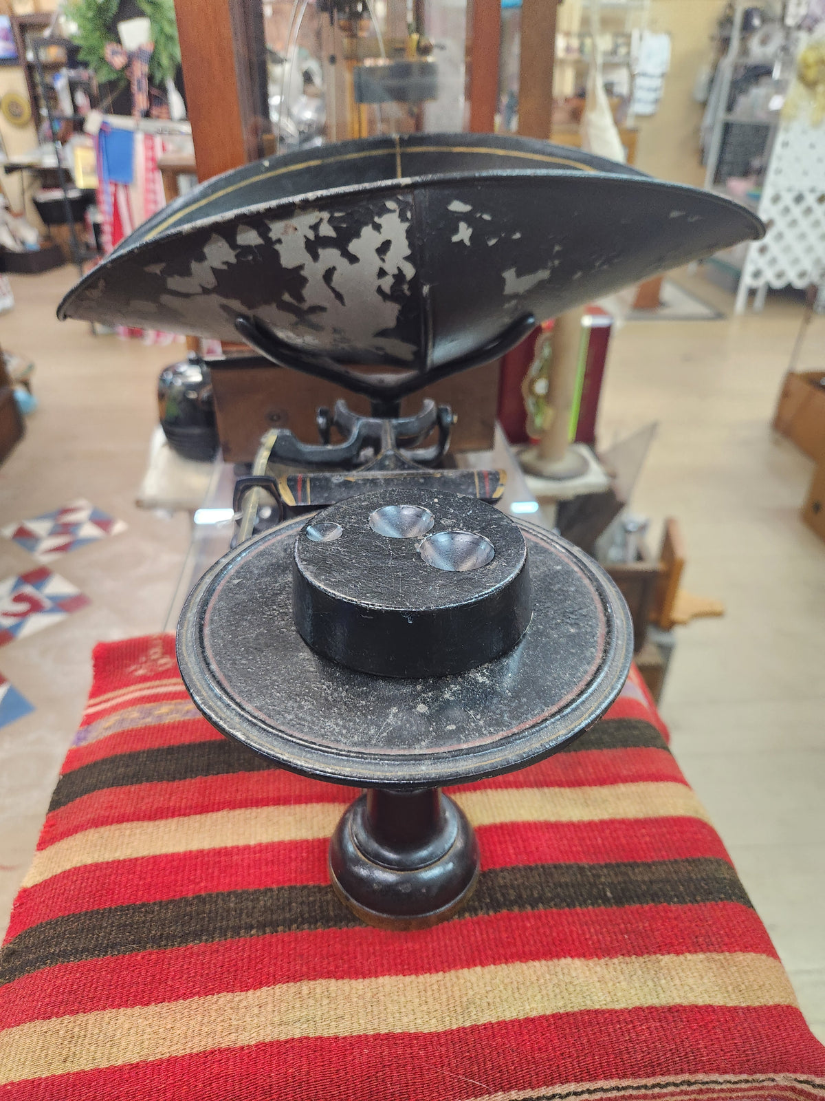 Vintage Cast Iron Black Balance Scale with Large Curved Scoop and Flat Platform Fairbanks