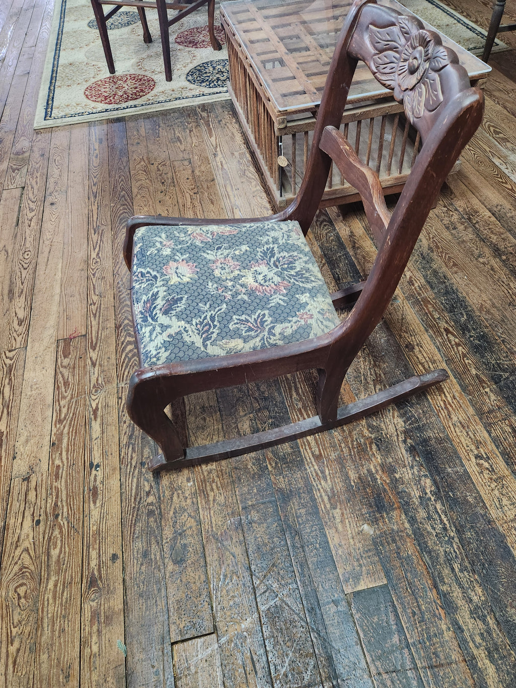 Vintage Federal-Style Mahogany Rocker with Rose Crest & Patterned Upholstered Seat