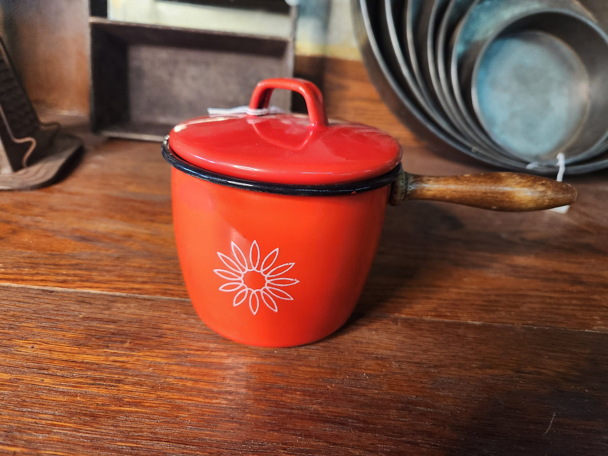 Vintage Country Cookery Orange Enamelware Pot with Lid and Wooden Handle