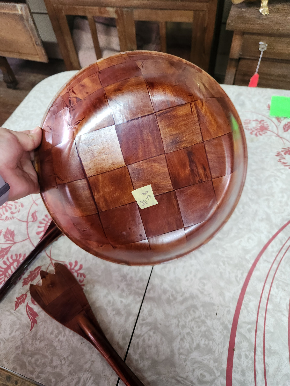 Vintage Mid-Century Modern Woven Wood Salad Serving Bowl with Utensils