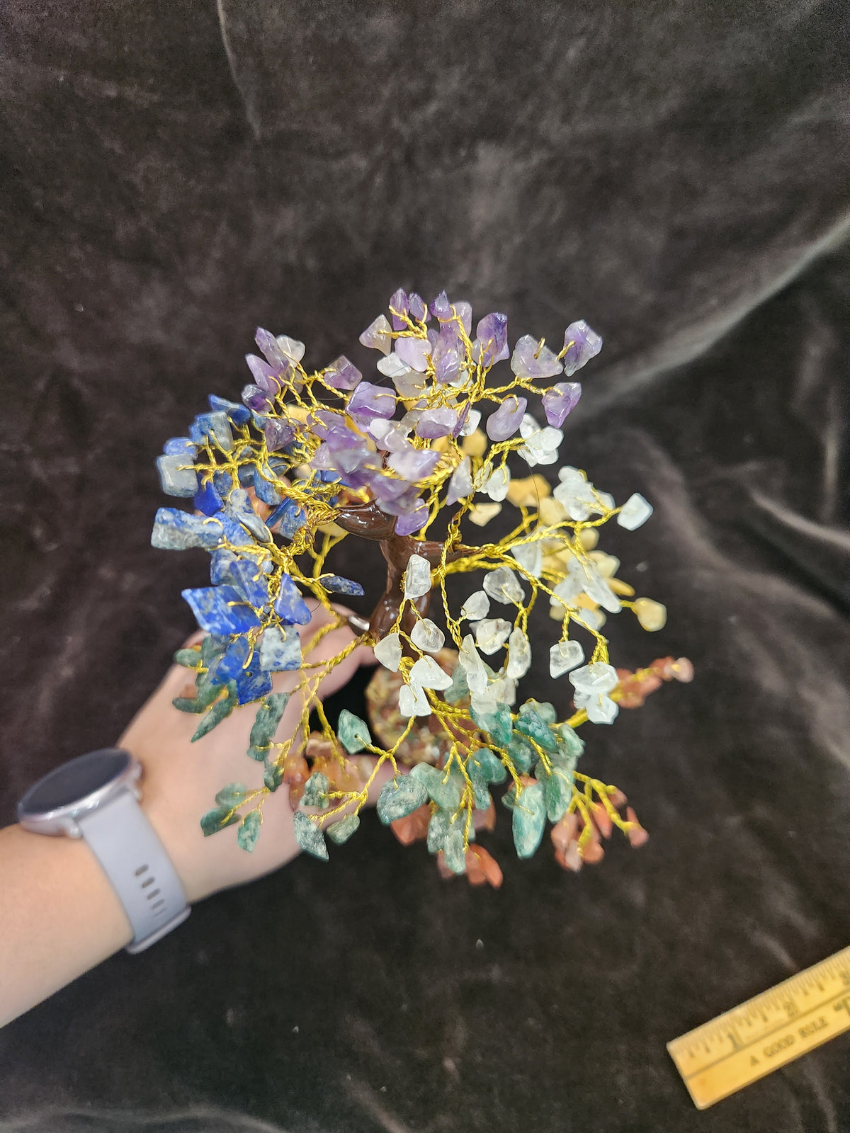 Handcrafted 7 Chakra Crystal Gemstone Tree Featuring Colorful Chip stone Leaves
