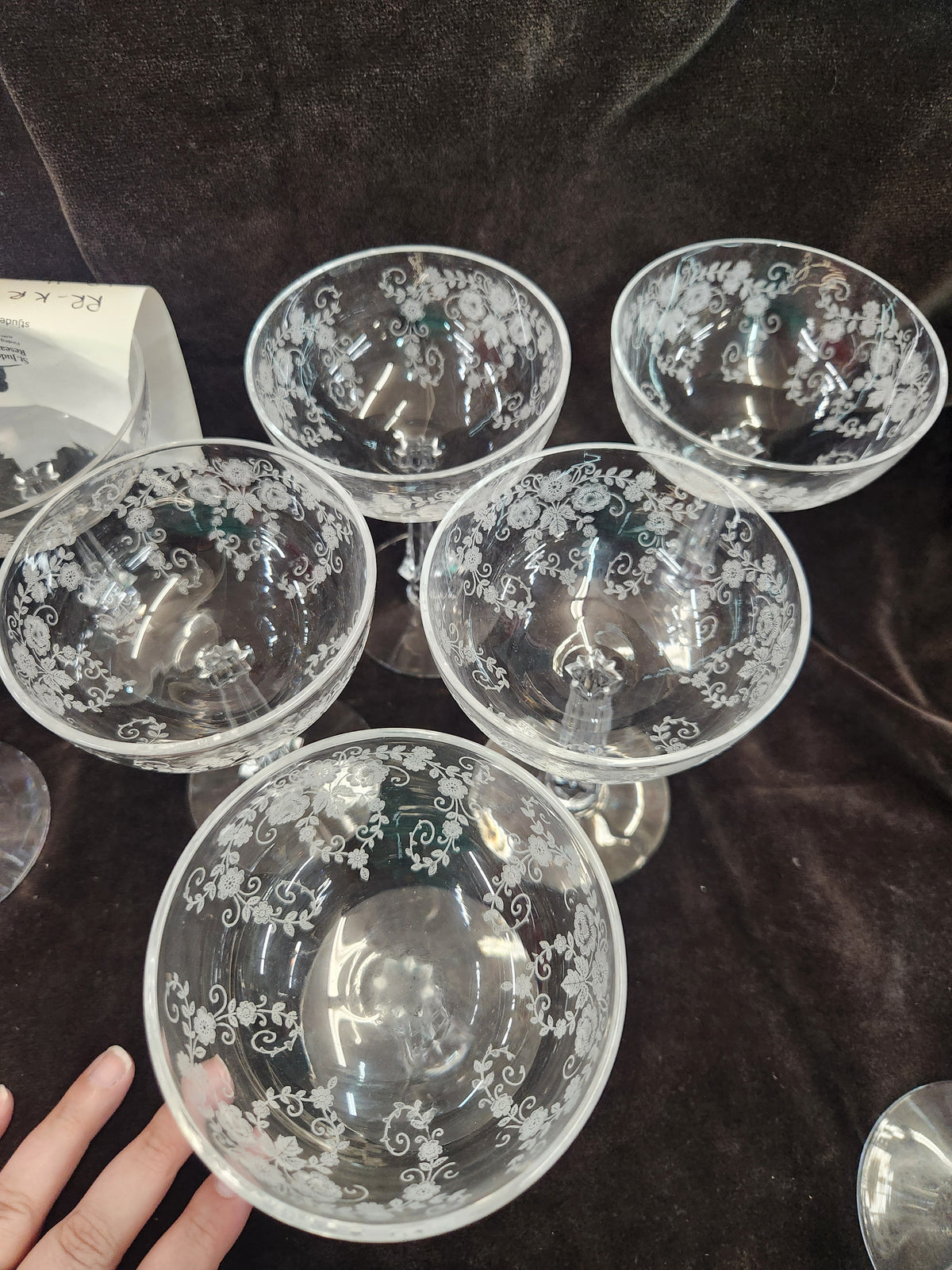10 Vintage Crystal Champagne/Sherbert Glasses with Delicate Etched Floral and Scroll Pattern Fostoria Bouquet Style