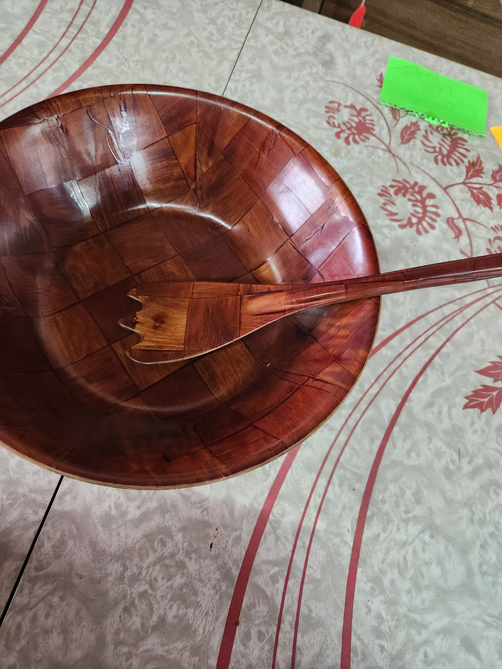 Vintage Mid-Century Modern Woven Wood Salad Serving Bowl with Utensils