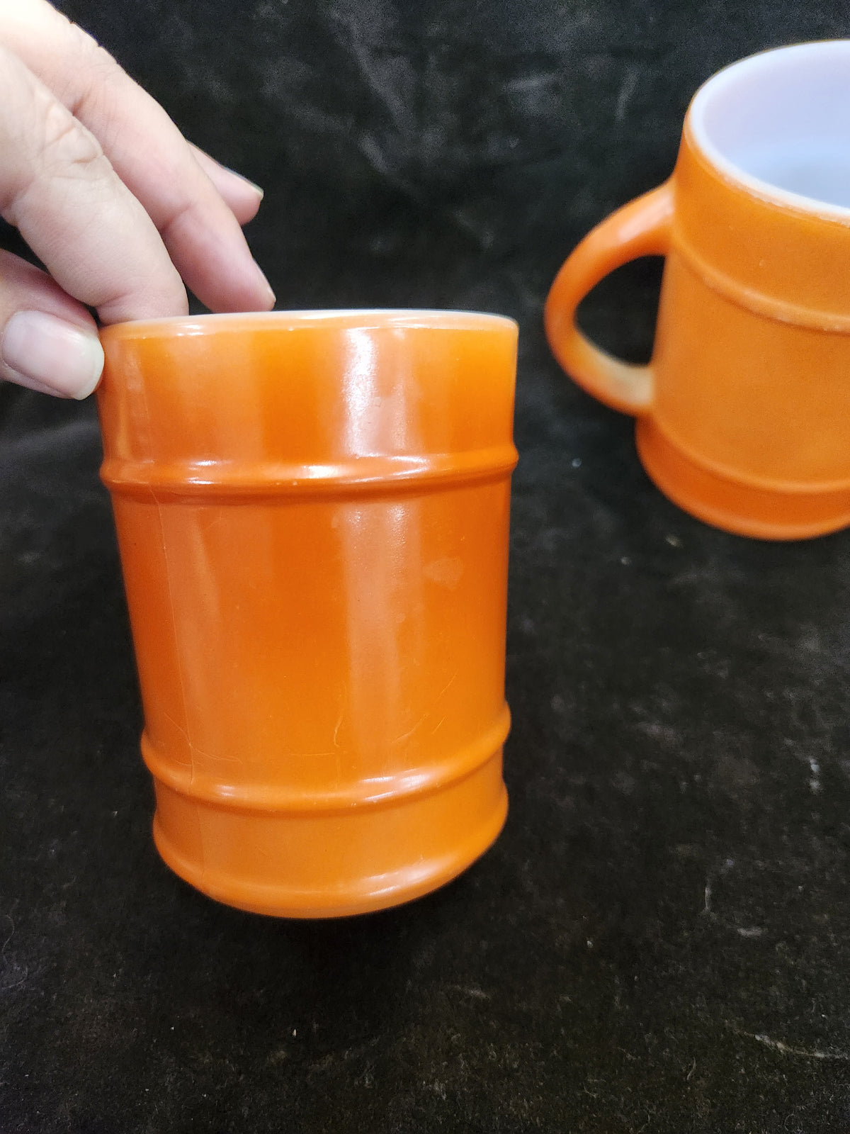 3 Vintage Anchor Hocking Fire King Orange Barrel Mugs Milk Glass