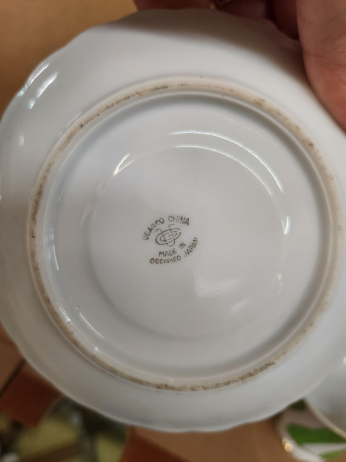 Vintage Ucagco Occupied Japan Demitasse Cup and Saucer Set Green Swirl and Floral Pattern Gold Accents