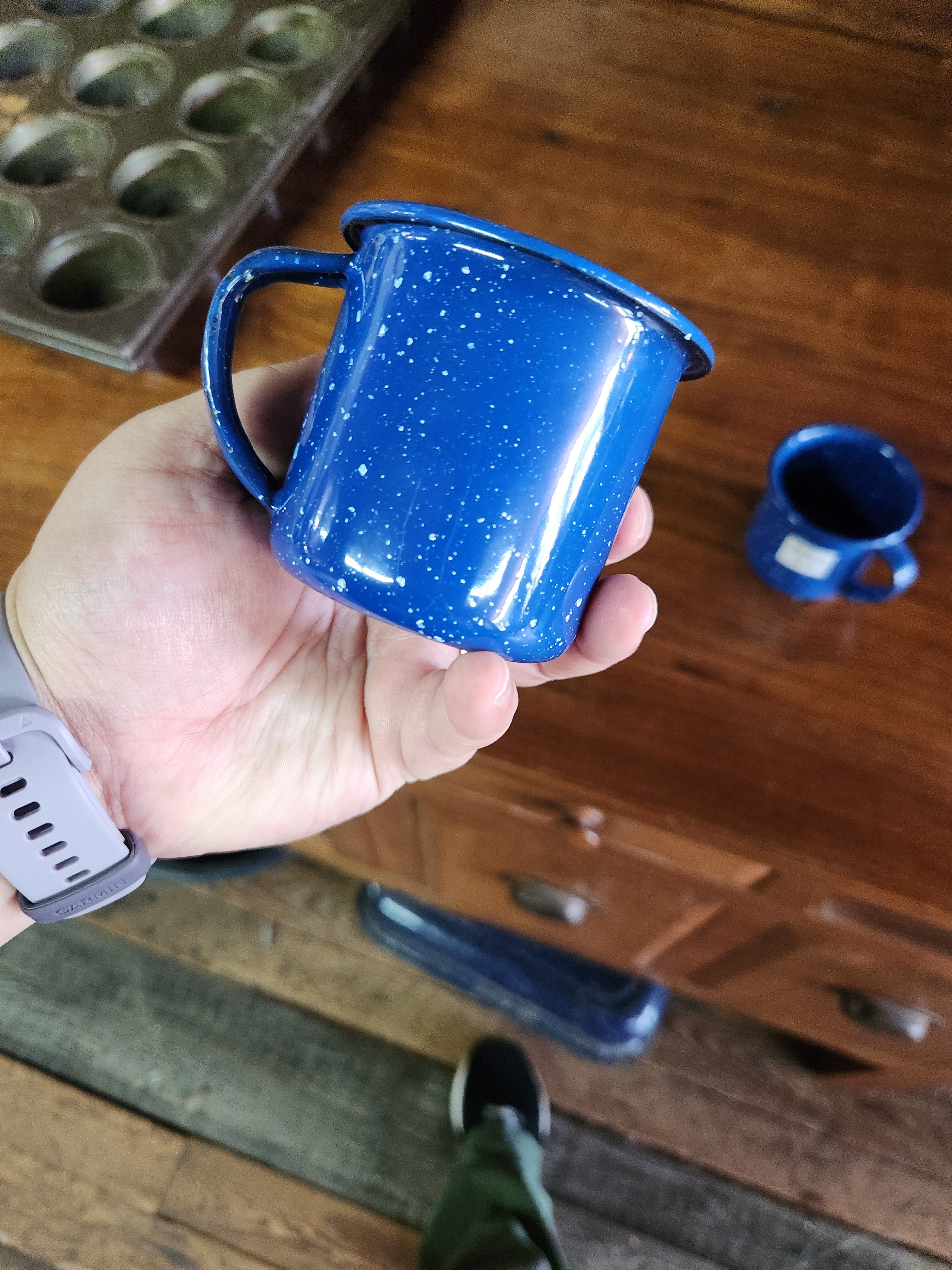 Blue Speckled Small Coffee Cup Enamel Ware