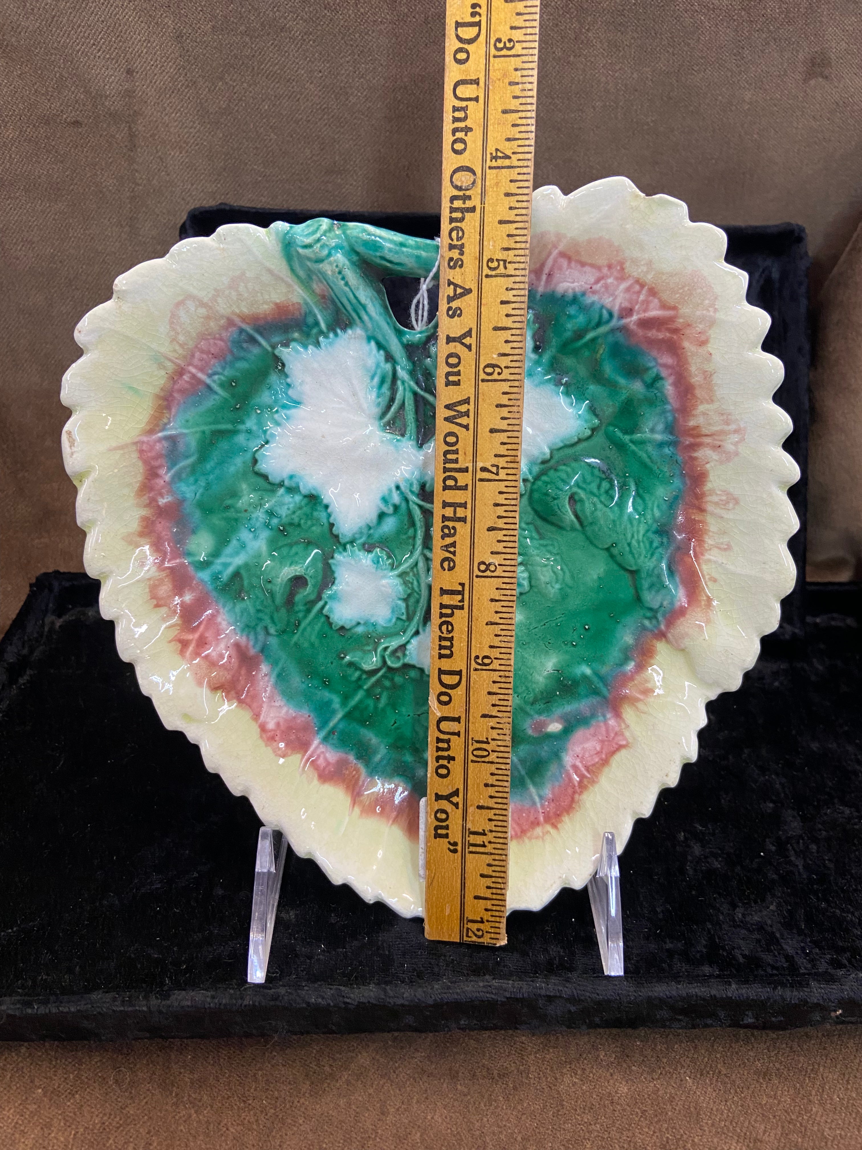 Pair of Antique Etruscan Majolica Begonia Leaf Dishes c. 1800's