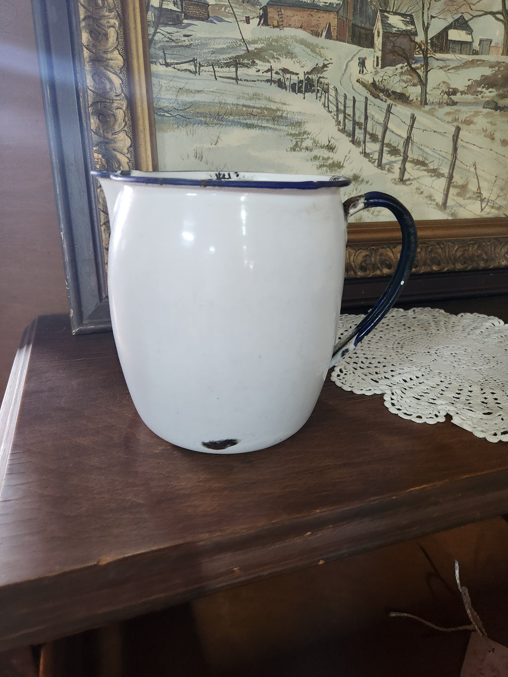 Vintage White Enamelware Milk Pitcher