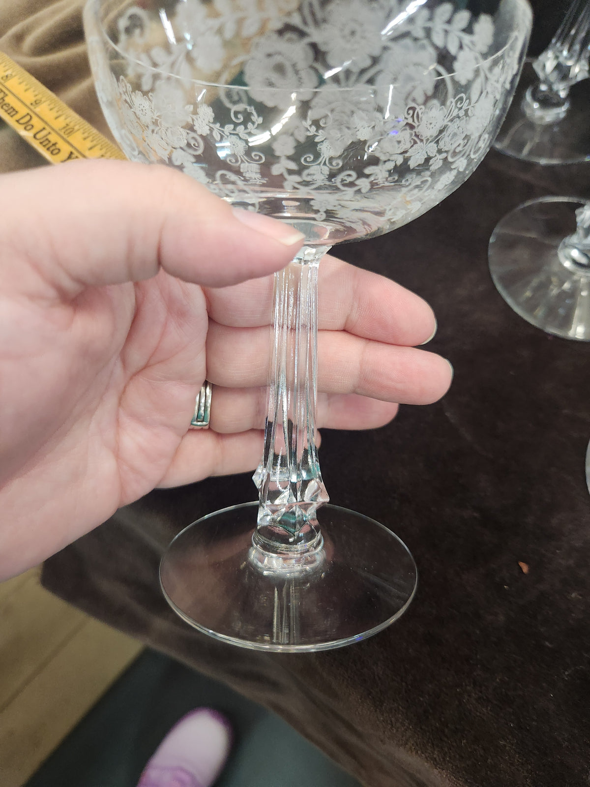 10 Vintage Crystal Champagne/Sherbert Glasses with Delicate Etched Floral and Scroll Pattern Fostoria Bouquet Style