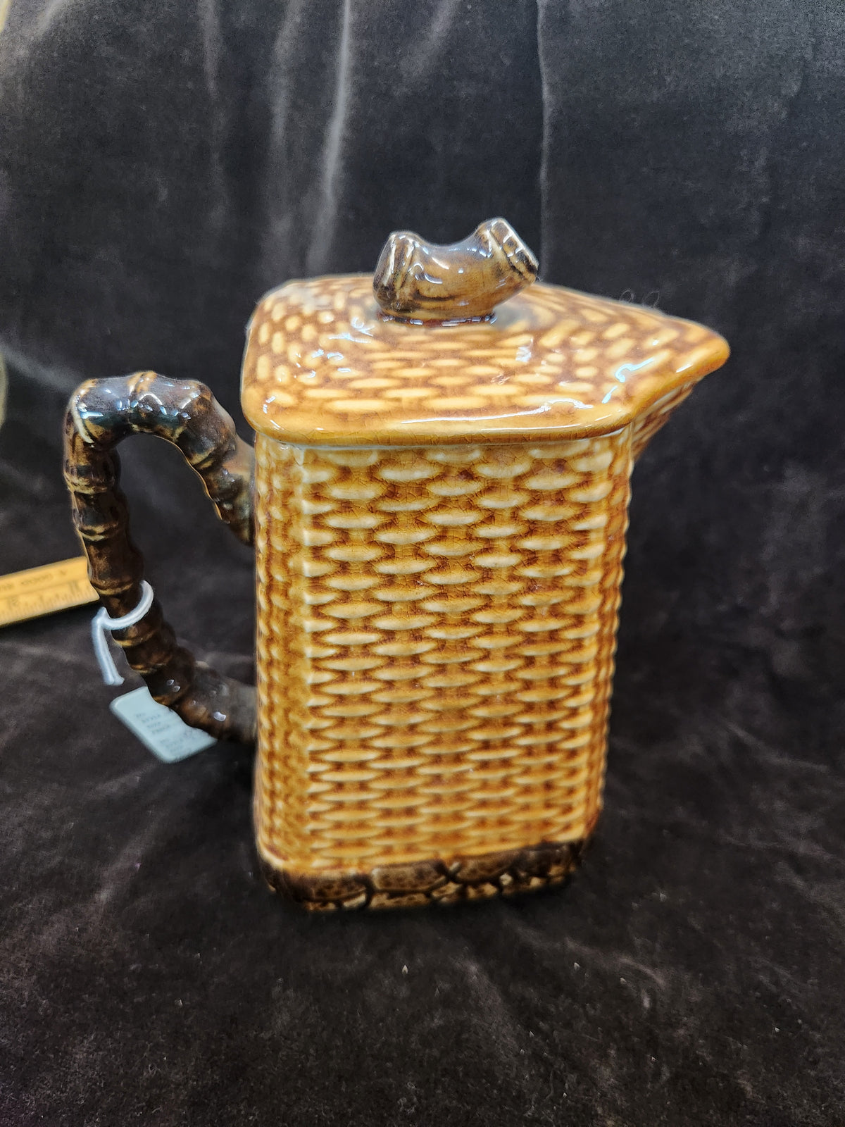 Vintage Ceramic Coffee Pot Japan Featuring Embossed Wicker and Bamboo- Style Design
