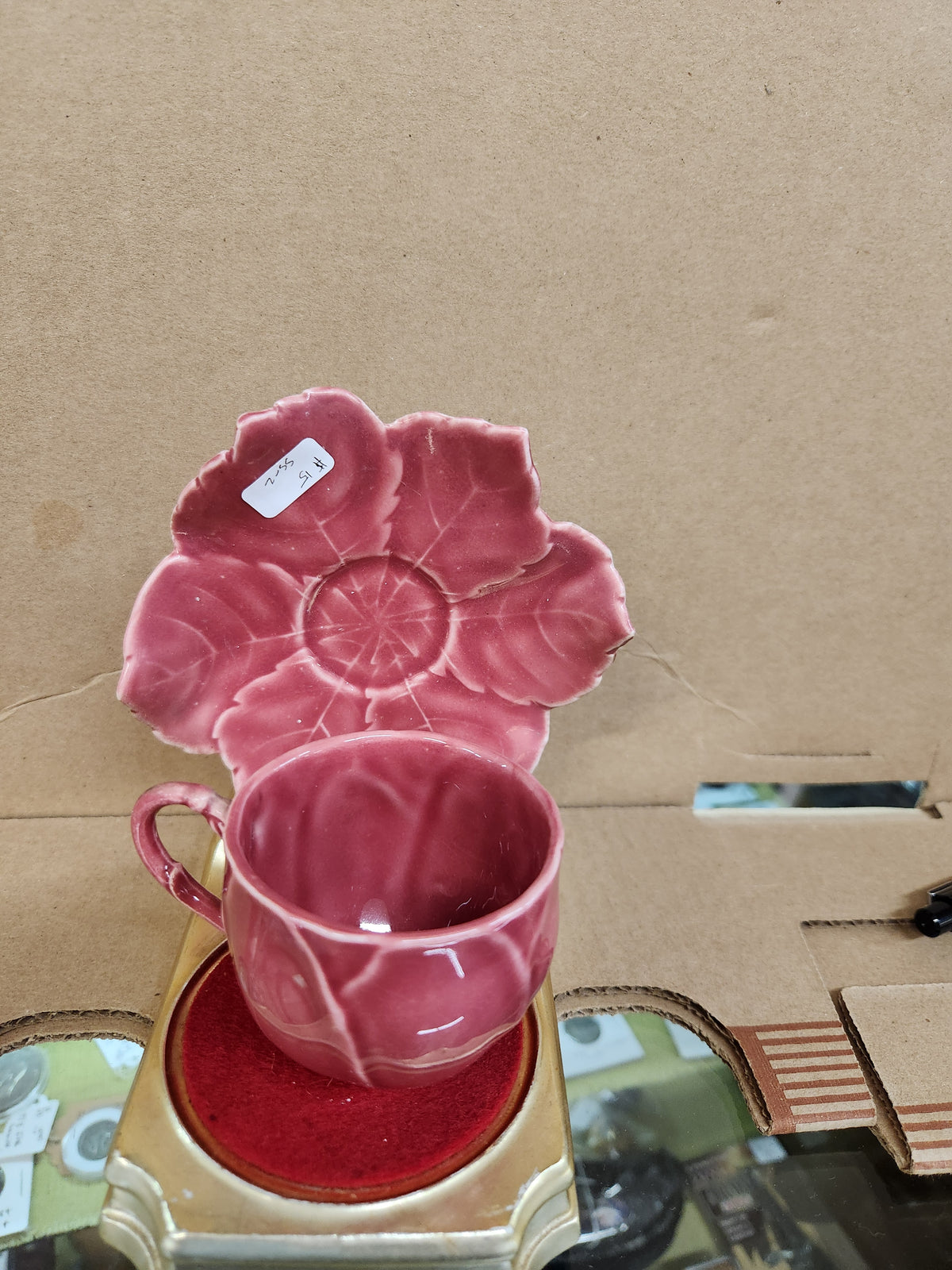 Vintage Pink Majolica-Style Cabbage or Rose Leaf Demitasse Teacup and Saucer Set by Senegal Fine China