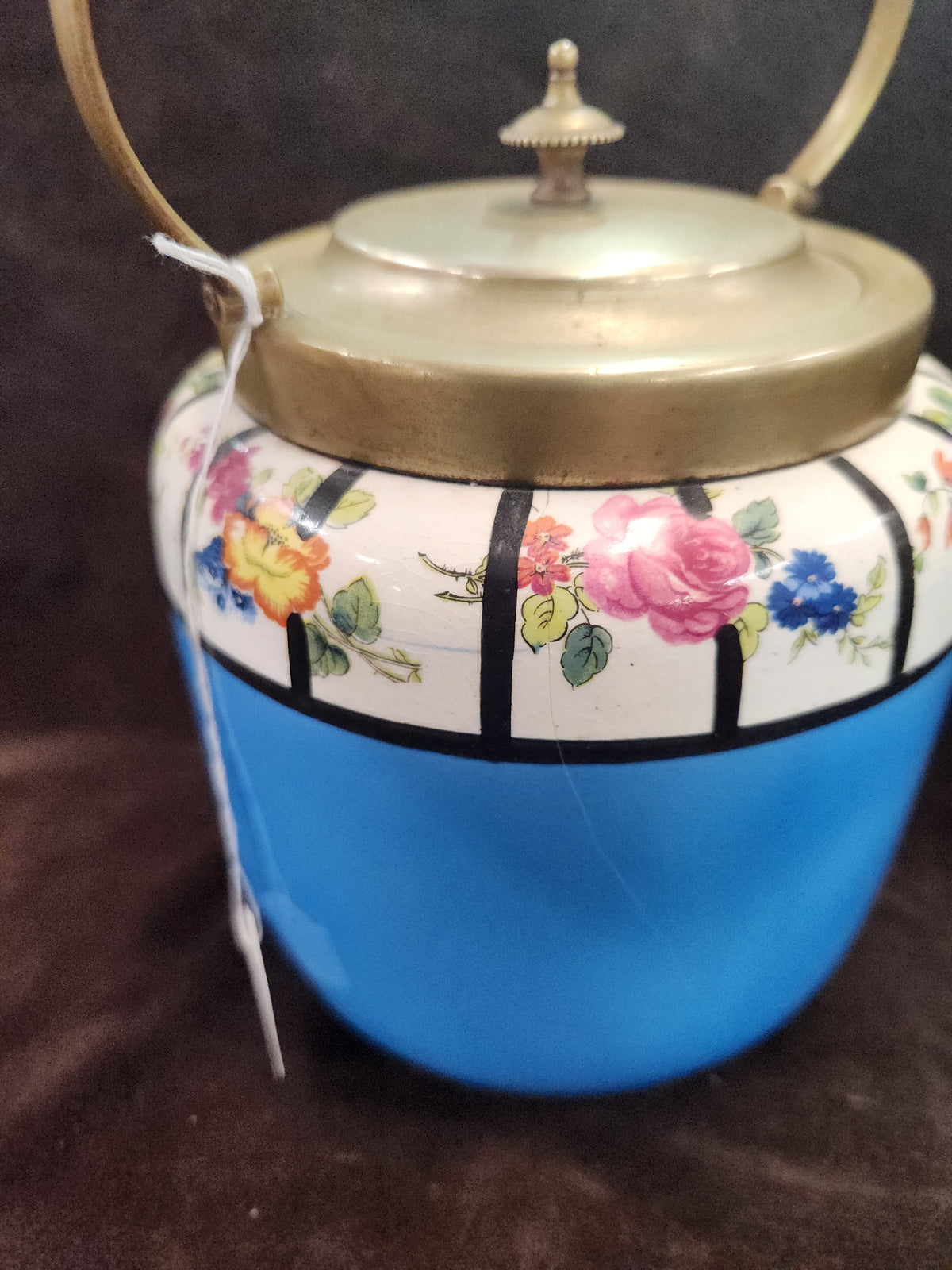 Antique English Ceramic Biscuit Barrel – Blue Floral Design with Brass Handle