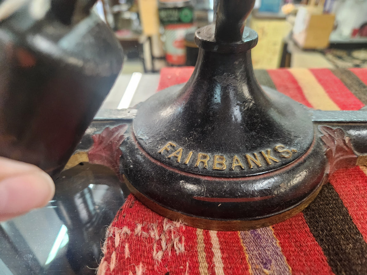 Vintage Cast Iron Black Balance Scale with Large Curved Scoop and Flat Platform Fairbanks