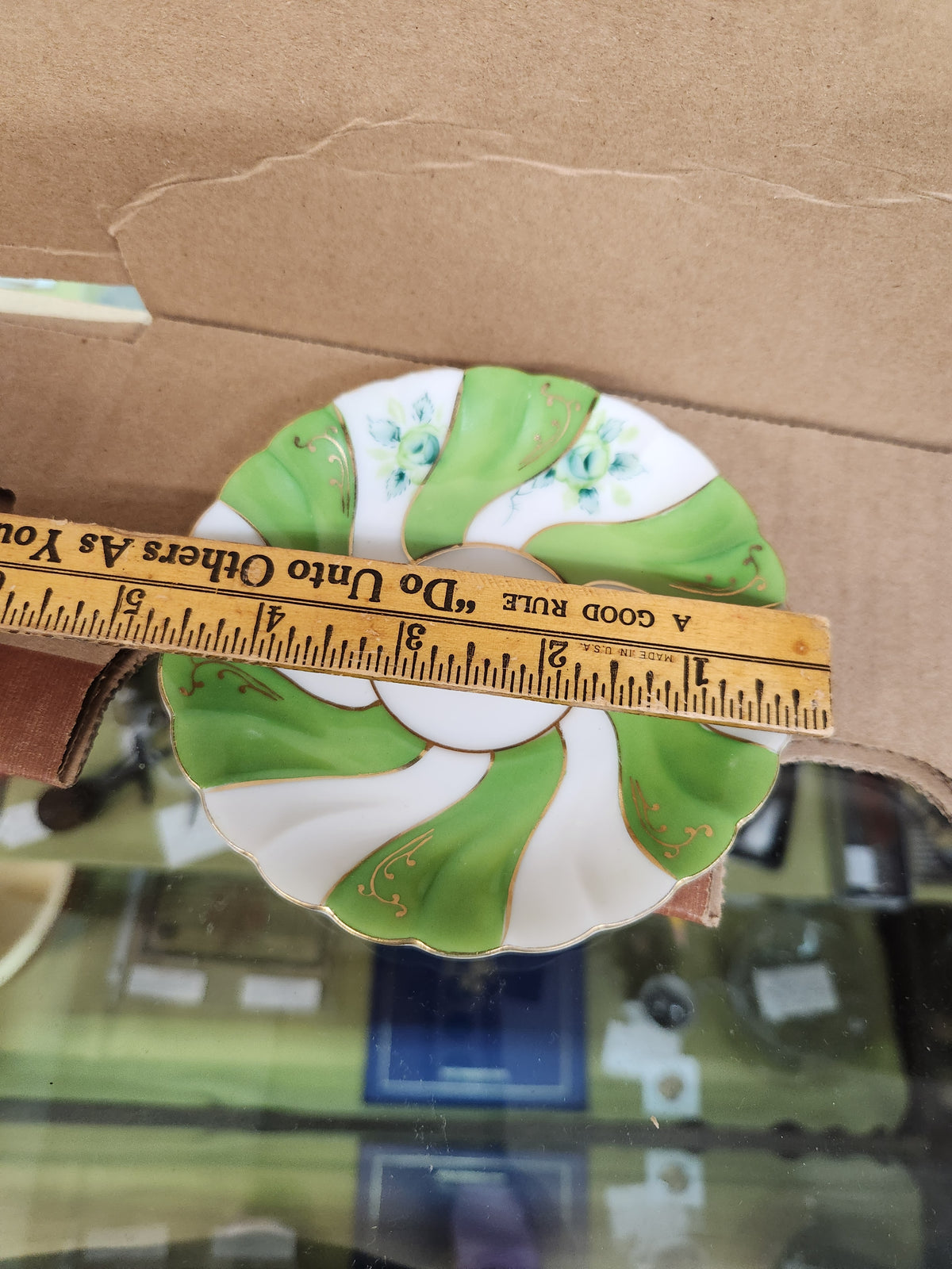 Vintage Ucagco Occupied Japan Demitasse Cup and Saucer Set Green Swirl and Floral Pattern Gold Accents