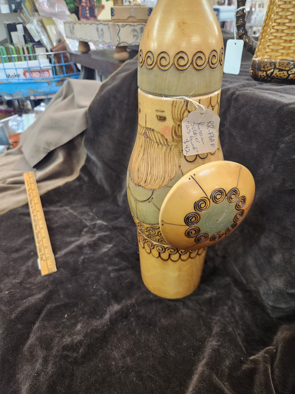 Vintage Wooden Hand-Carved Russian Bogatyr Warrior Bottle Holder, Nesting Doll