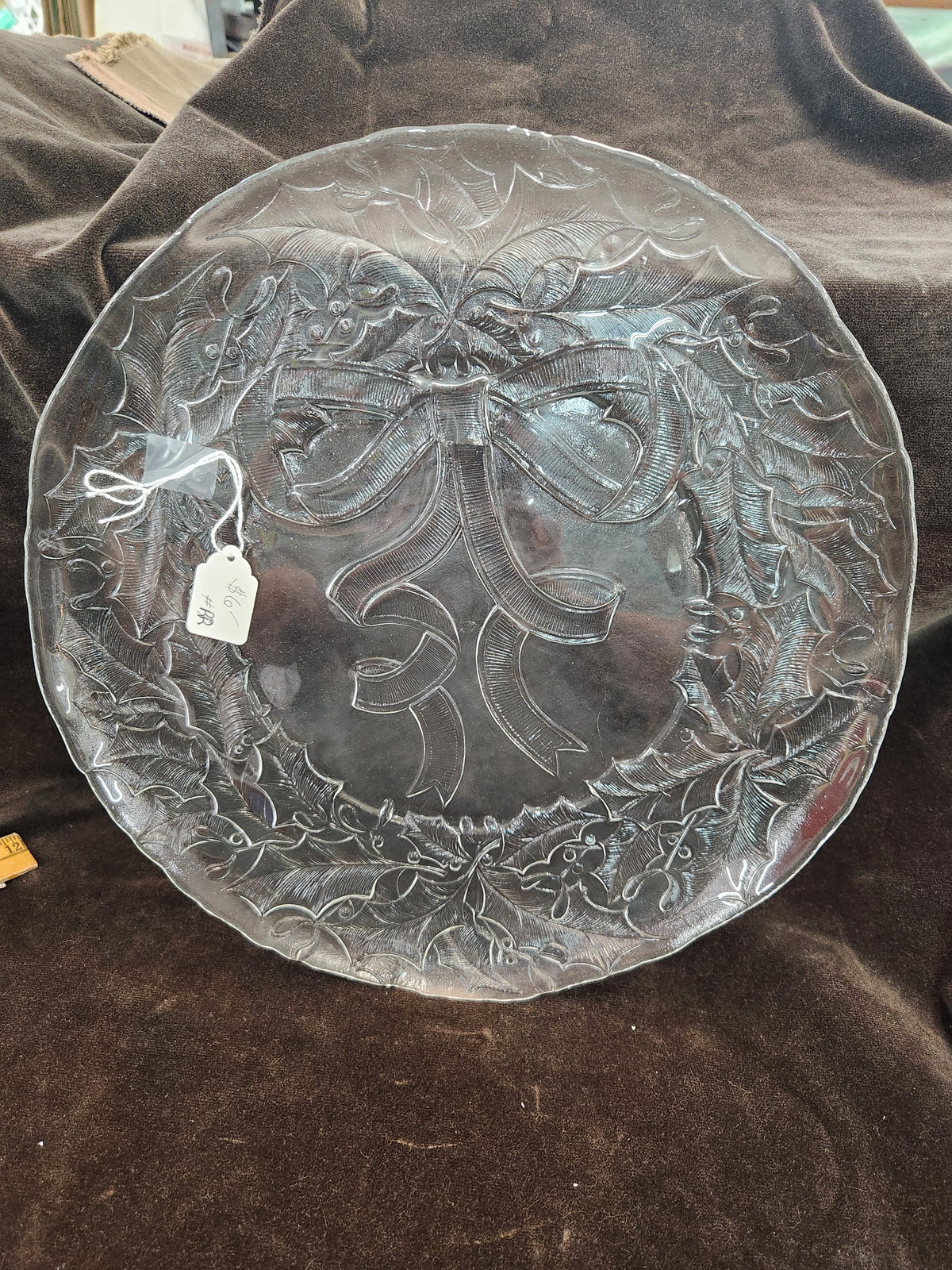 Vintage Clear Glass Holiday Serving Platter Featuring an Embossed Holly Wreath and a Tied Ribbon Bow Design