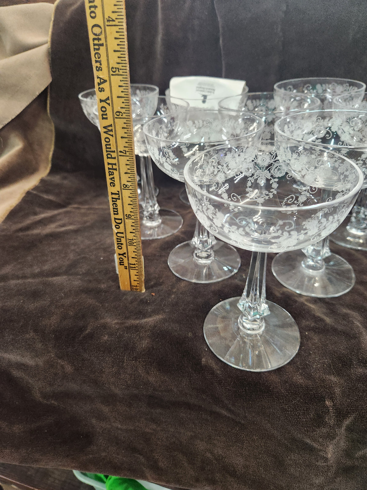 10 Vintage Crystal Champagne/Sherbert Glasses with Delicate Etched Floral and Scroll Pattern Fostoria Bouquet Style