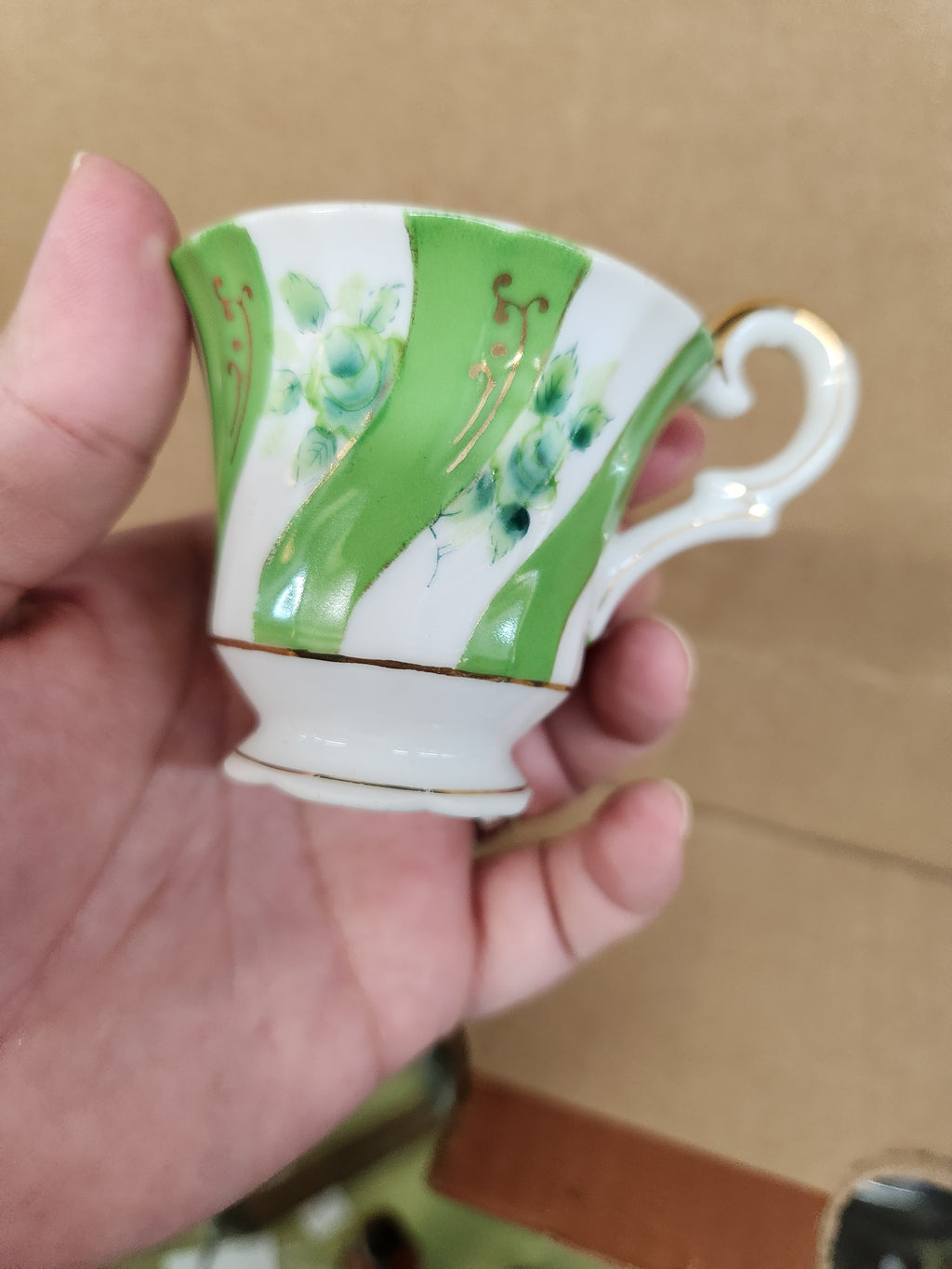 Vintage Ucagco Occupied Japan Demitasse Cup and Saucer Set Green Swirl and Floral Pattern Gold Accents