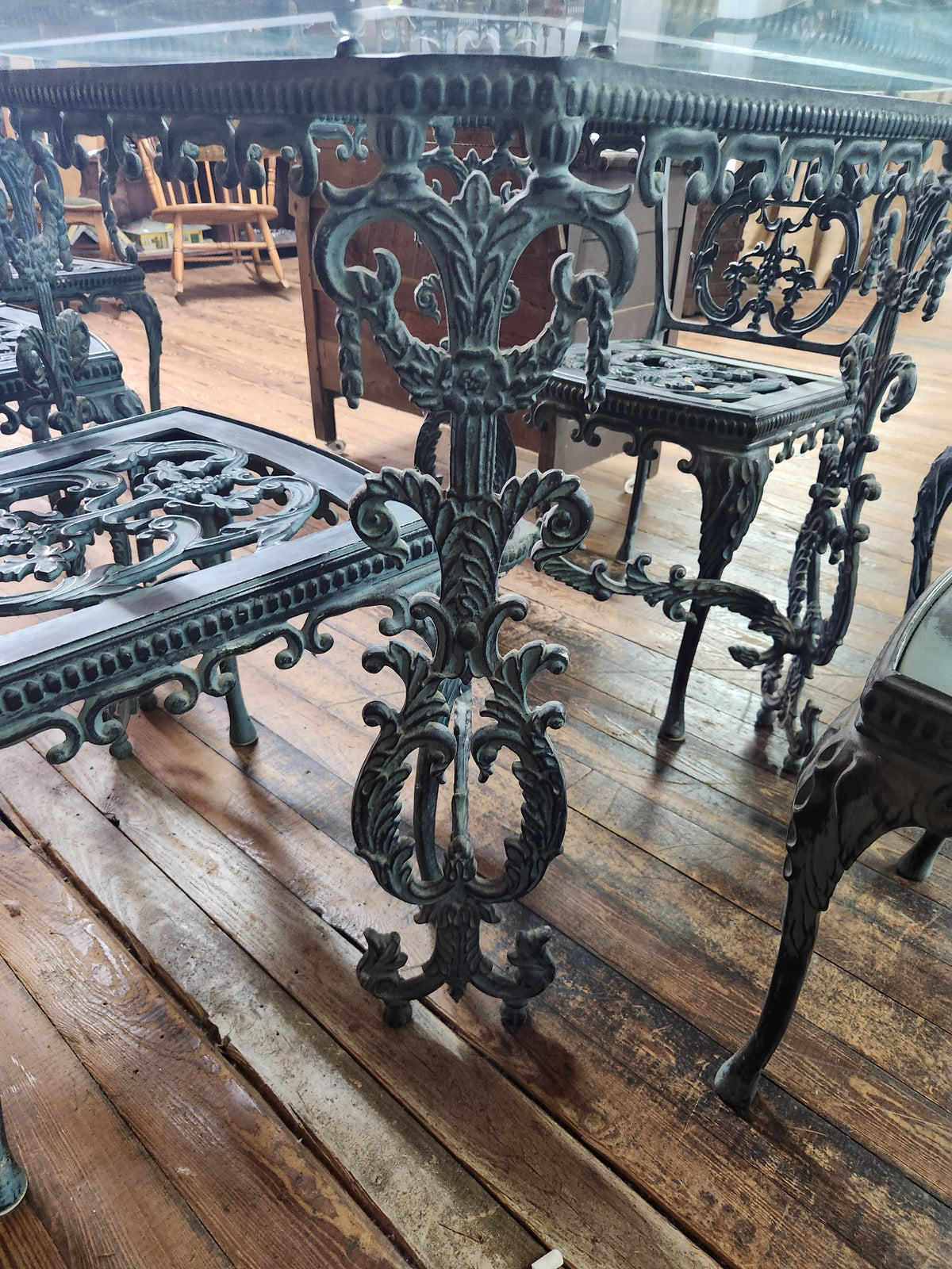 Ornate Cast-Iron Style Glass-Top Dining Table with 6 Chairs
