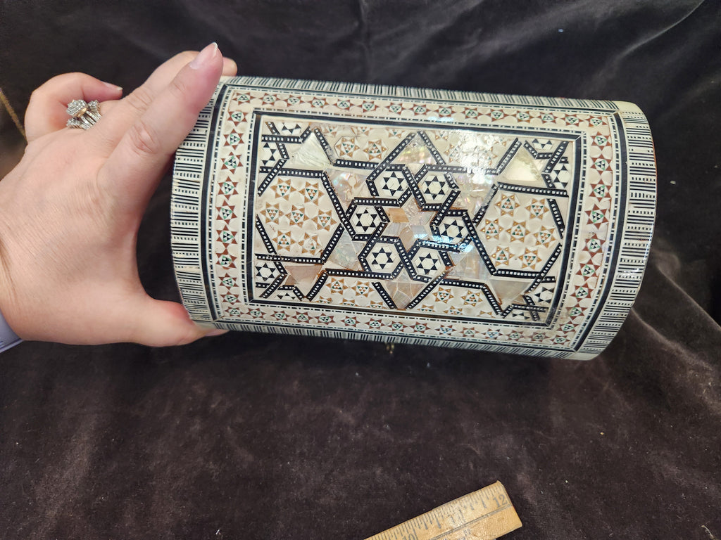 Egyptian Mother of Pearl Inlaid Wooden Jewelry Box Featuring a Curved Lid & Intricate Geometric Star & Mosaic Inlay Patterns