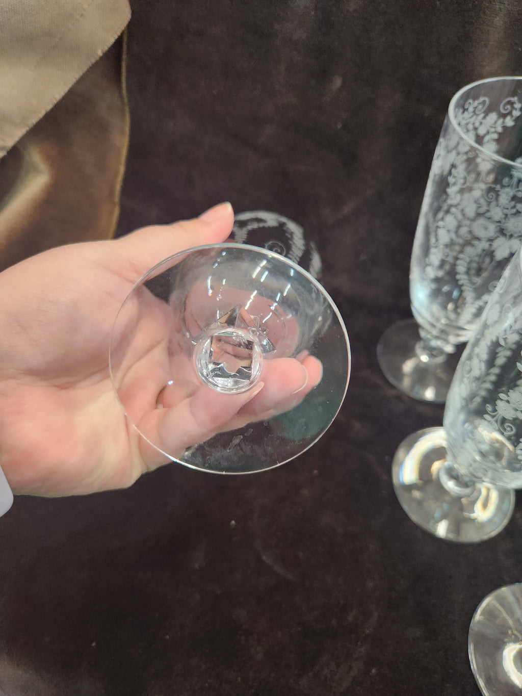7 Vintage Fostoria Chintz Etched Crystal Stemware Featuring Intricate Floral Pattern