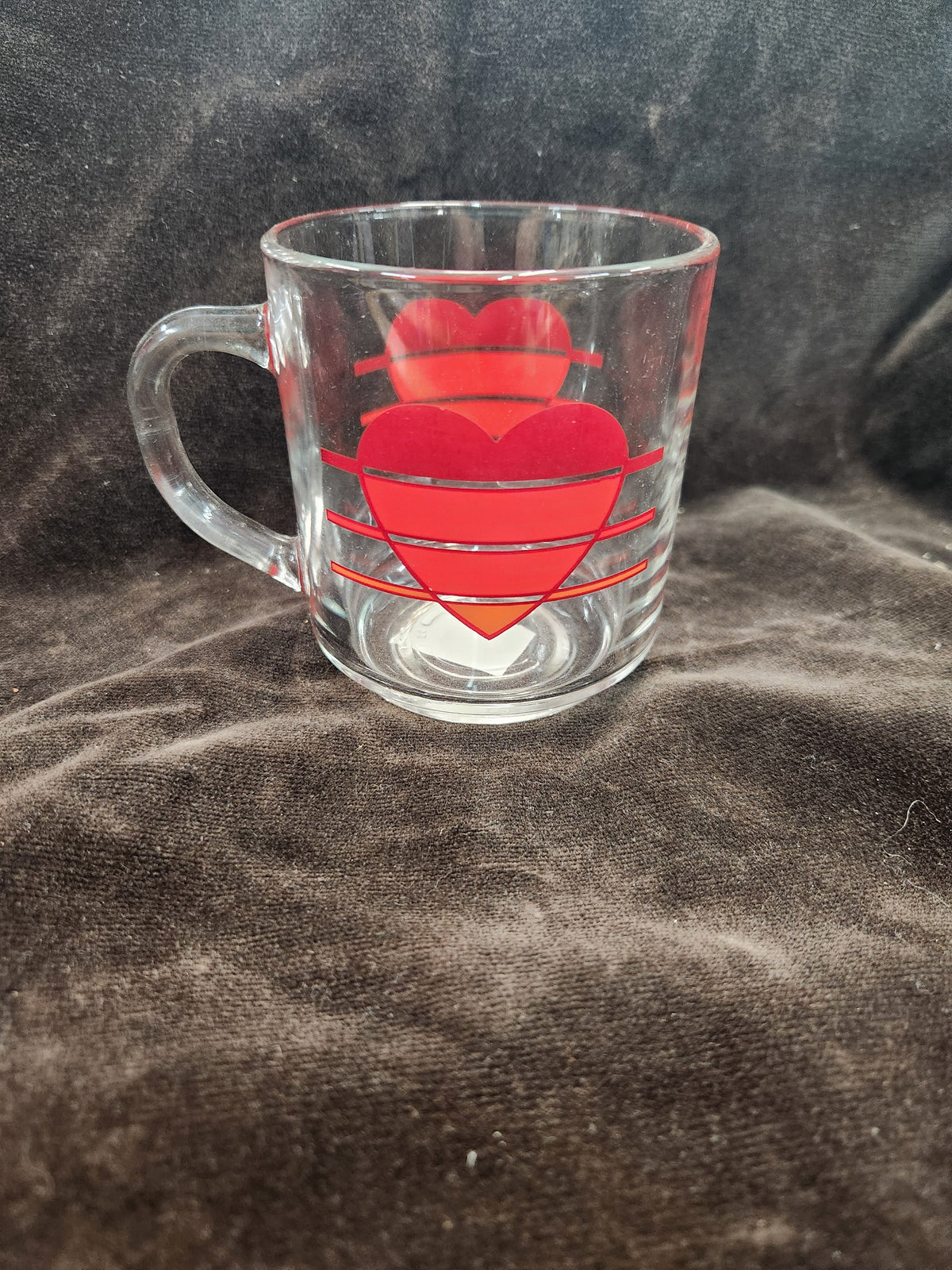 Vintage 1980s Luminarc Clear Glass Coffee Mug Featuring a Red Layered Heart and Horizontal Stripe Graphic