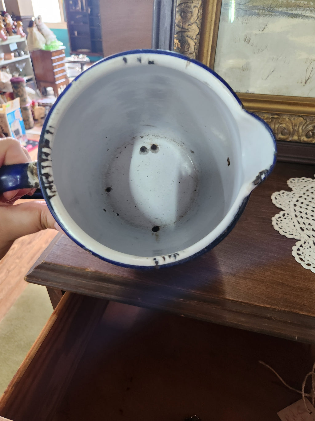 Vintage White Enamelware Milk Pitcher