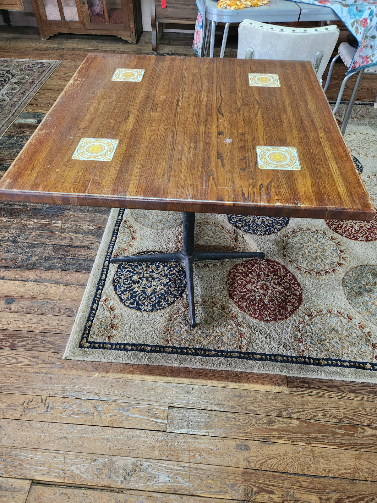 Vintage Square Wooden Table with Decorative Inlaid Ceramic Tiles on Metal Pedestal