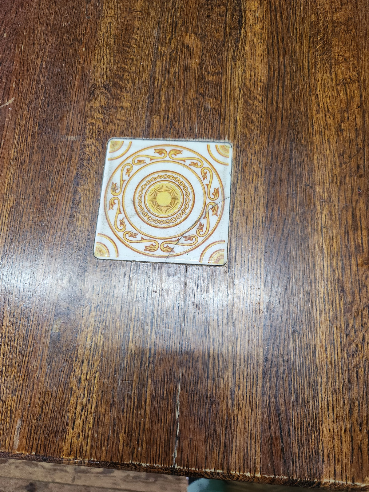 Vintage Square Wooden Table with Decorative Inlaid Ceramic Tiles on Metal Pedestal
