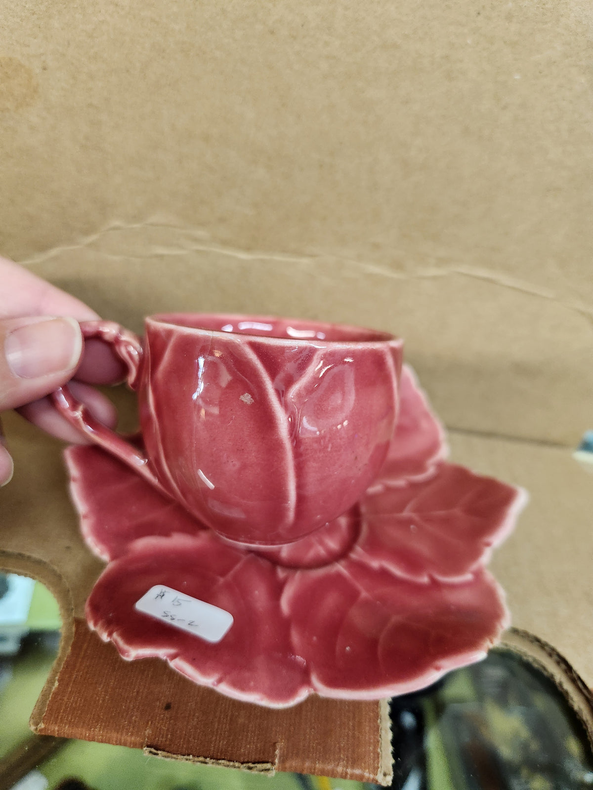 Vintage Pink Majolica-Style Cabbage or Rose Leaf Demitasse Teacup and Saucer Set by Senegal Fine China