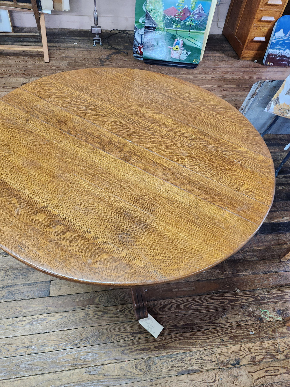 Antique Round Oak Pedestal Dining Table with Down-swept Scroll Feet & Caster Wheels