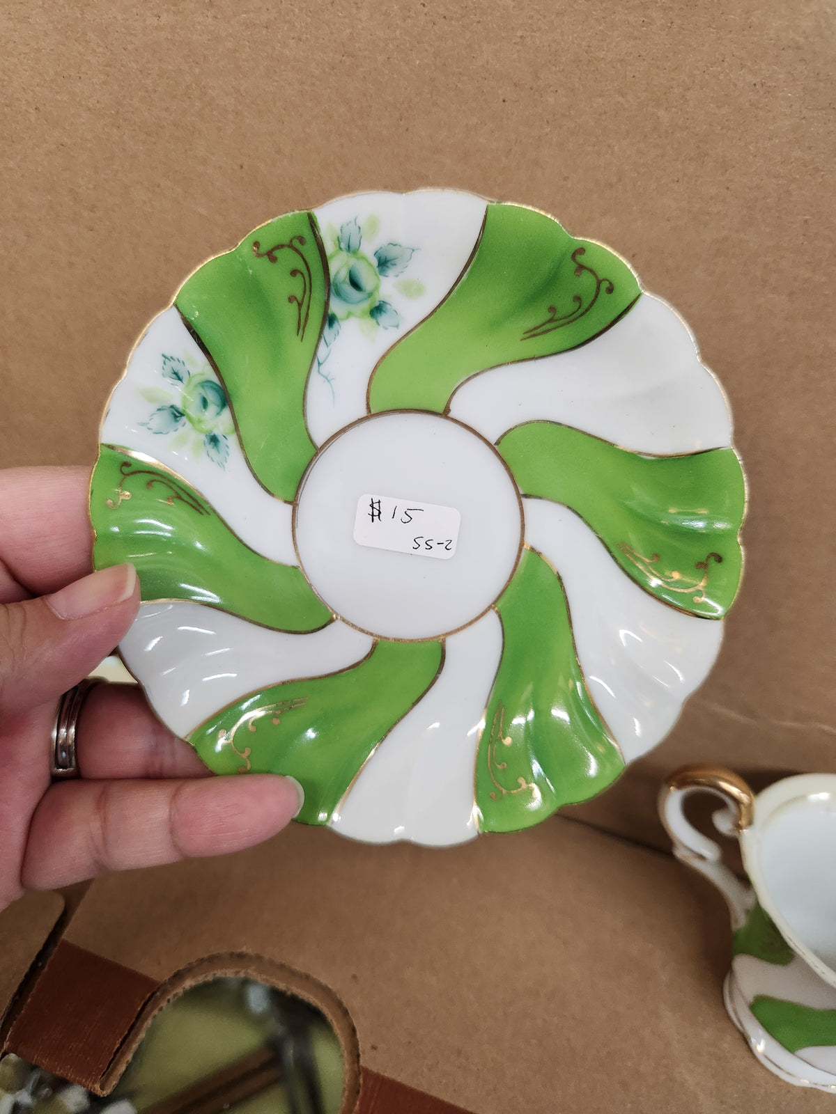 Vintage Ucagco Occupied Japan Demitasse Cup and Saucer Set Green Swirl and Floral Pattern Gold Accents