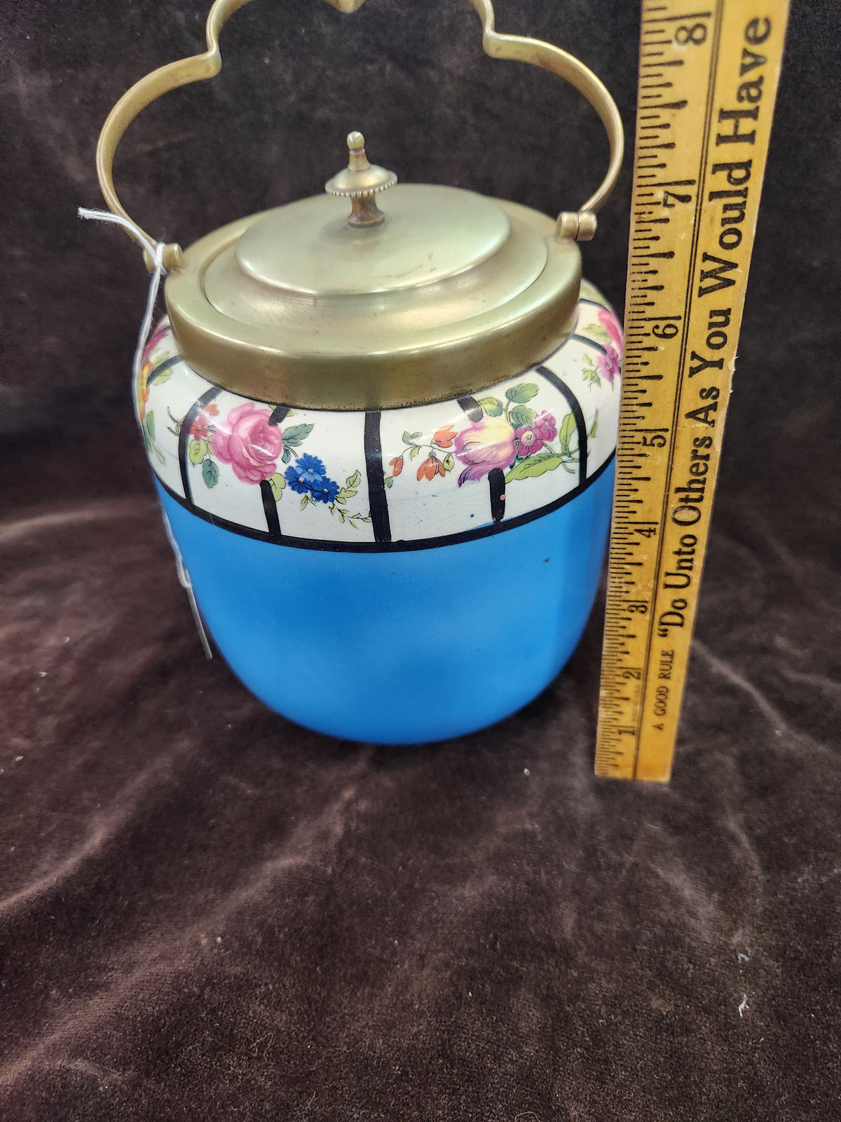 Antique English Ceramic Biscuit Barrel – Blue Floral Design with Brass Handle