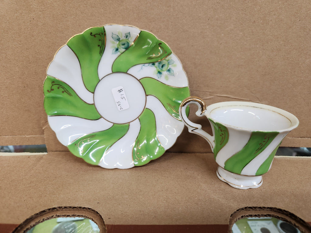 Vintage Ucagco Occupied Japan Demitasse Cup and Saucer Set Green Swirl and Floral Pattern Gold Accents