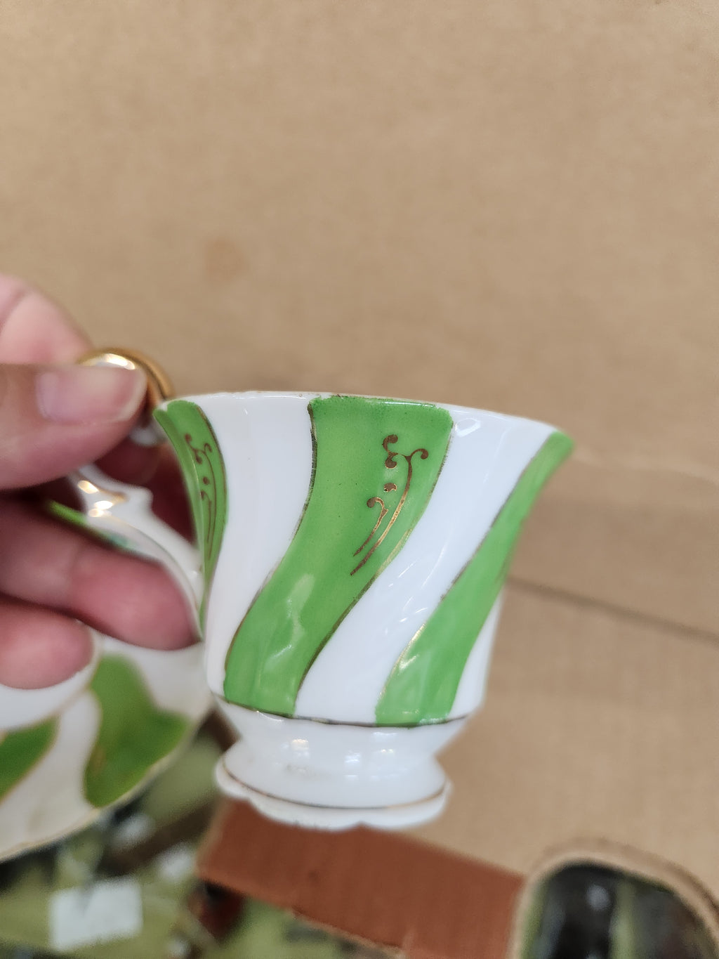 Vintage Ucagco Occupied Japan Demitasse Cup and Saucer Set Green Swirl and Floral Pattern Gold Accents