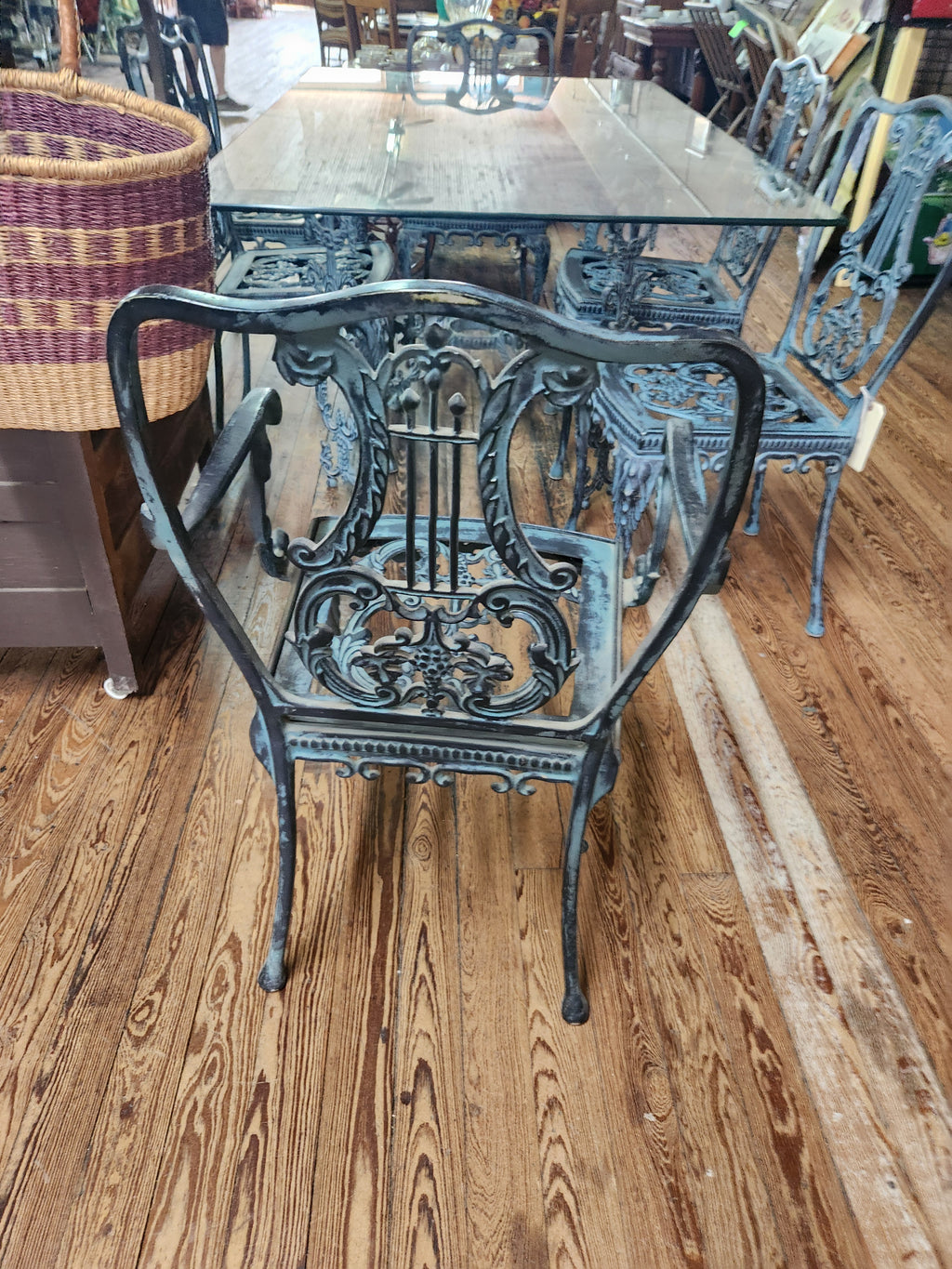 Ornate Cast-Iron Style Glass-Top Dining Table with 6 Chairs